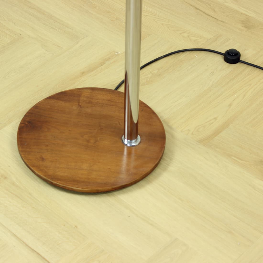 Floor lamp, brown walnut, silver chrome steel, beige textile, by J. Halabala, UP Závody, 1930s. - 394398