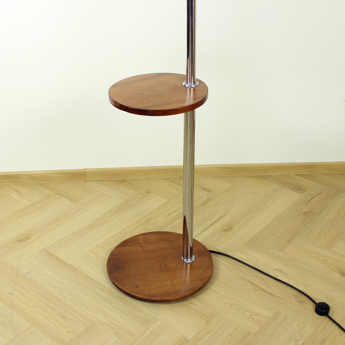 Floor lamp, brown walnut, silver chrome steel, beige textile, by J. Halabala, UP Závody, 1930s. - 394392
