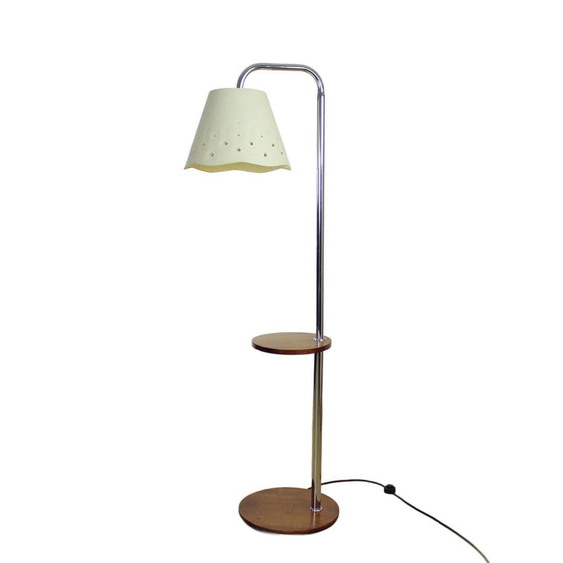 Floor lamp, brown walnut, silver chrome steel, beige textile, by J. Halabala, UP Závody, 1930s.
