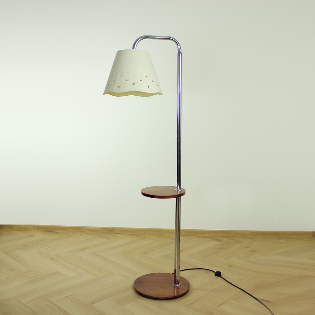 Floor lamp, brown walnut, silver chrome steel, beige textile, by J. Halabala, UP Závody, 1930s. - 394401