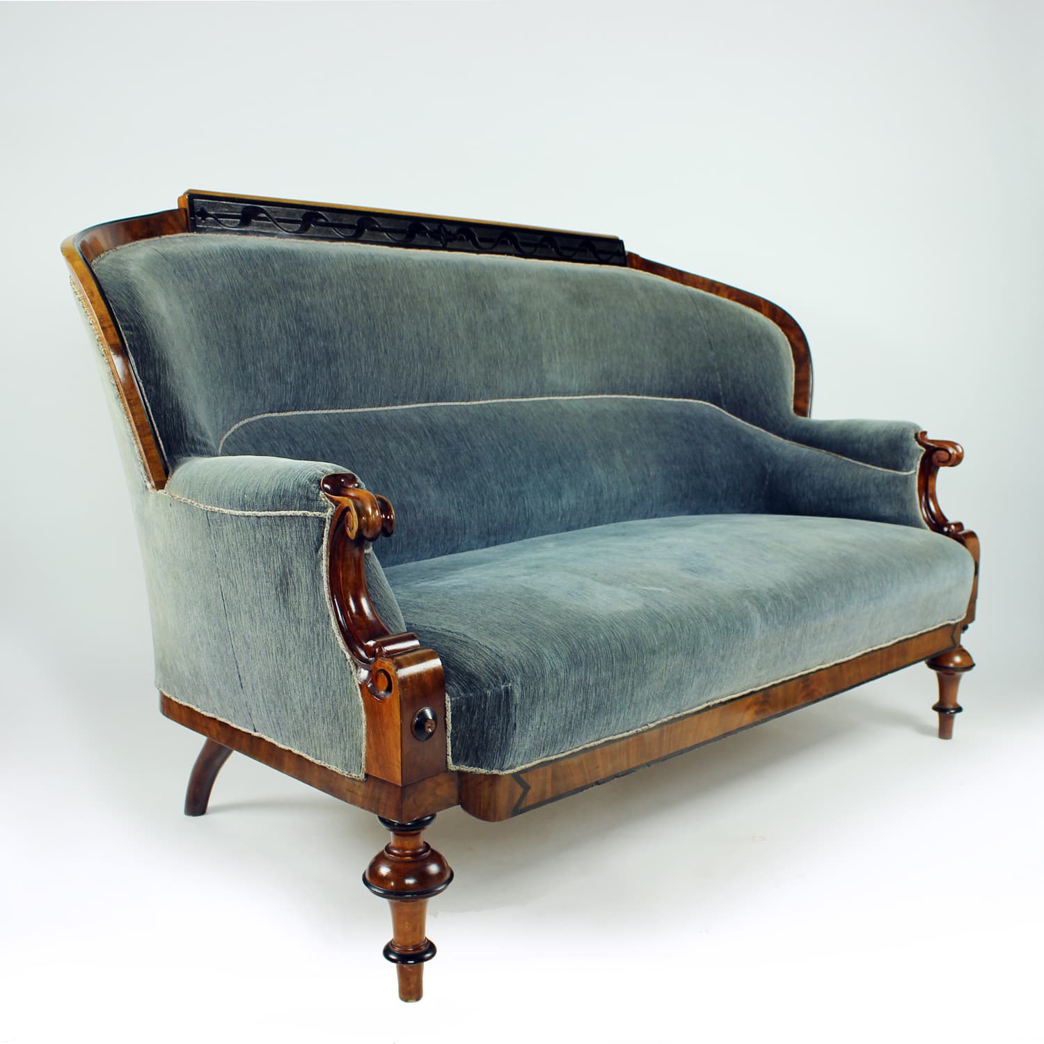 Sofa Biedermeier, velvet niebiesko-szary, orzech włoski, Austria, XIX w. - 394410