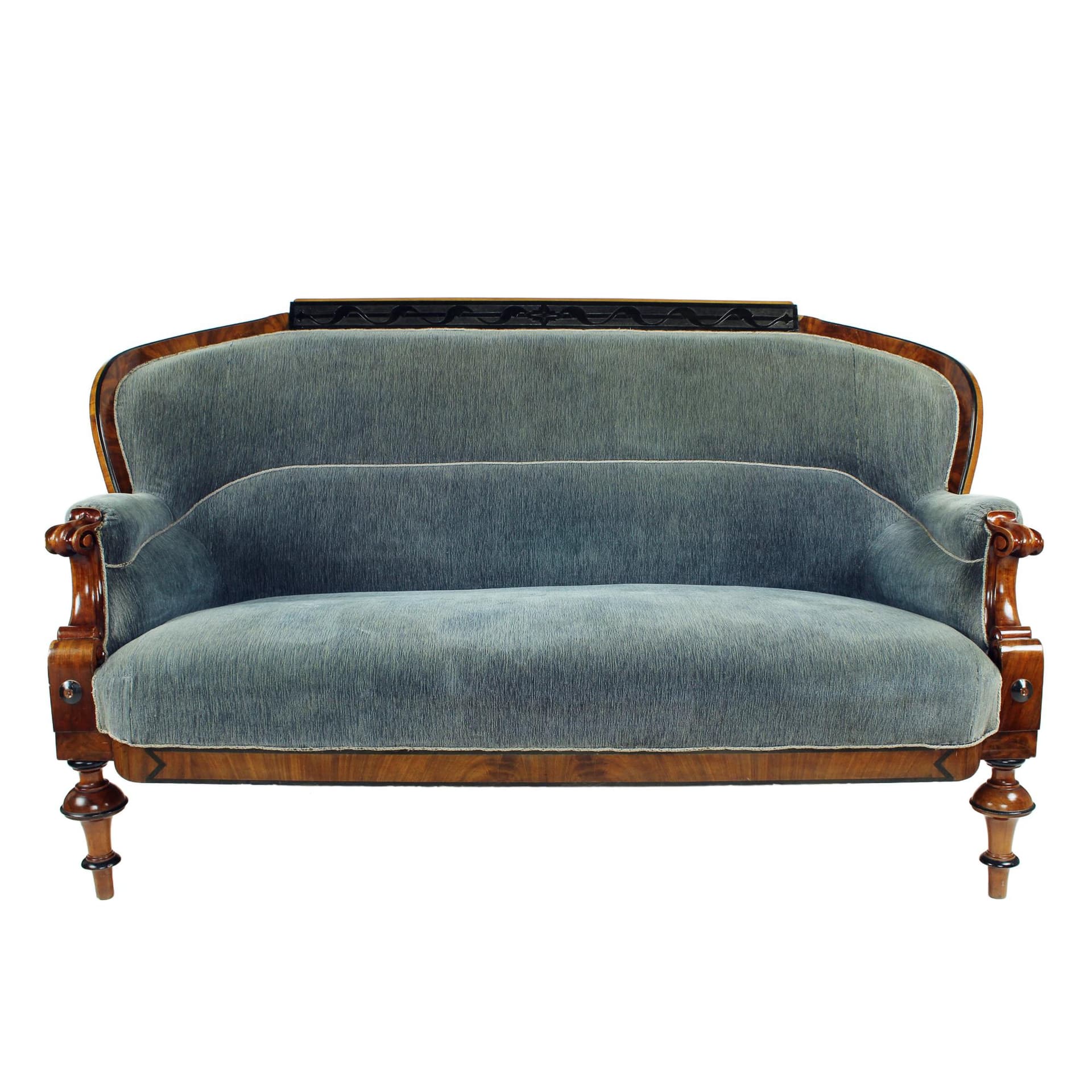 Sofa Biedermeier, velvet niebiesko-szary, orzech włoski, Austria, XIX w.