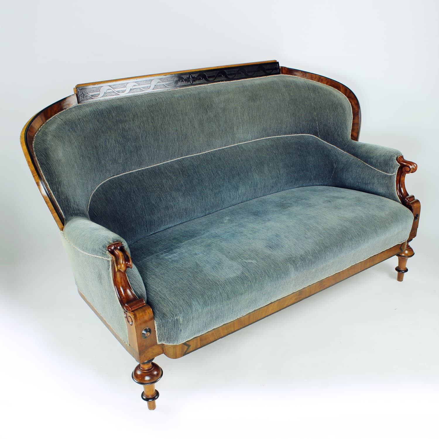 Sofa Biedermeier, velvet niebiesko-szary, orzech włoski, Austria, XIX w. - 394409