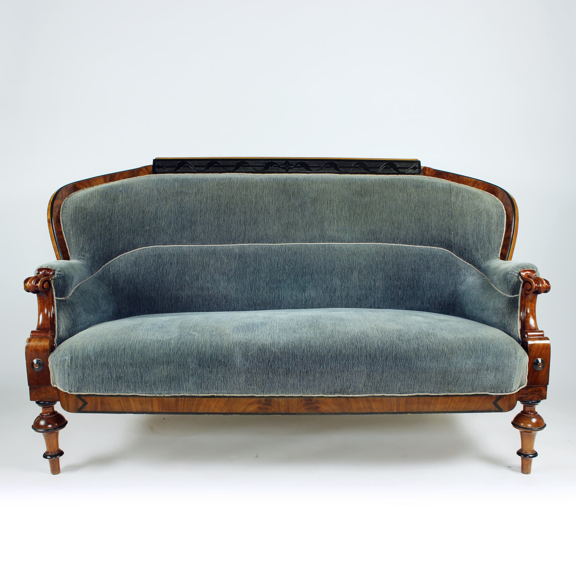 Sofa Biedermeier, velvet niebiesko-szary, orzech włoski, Austria, XIX w. - 394416