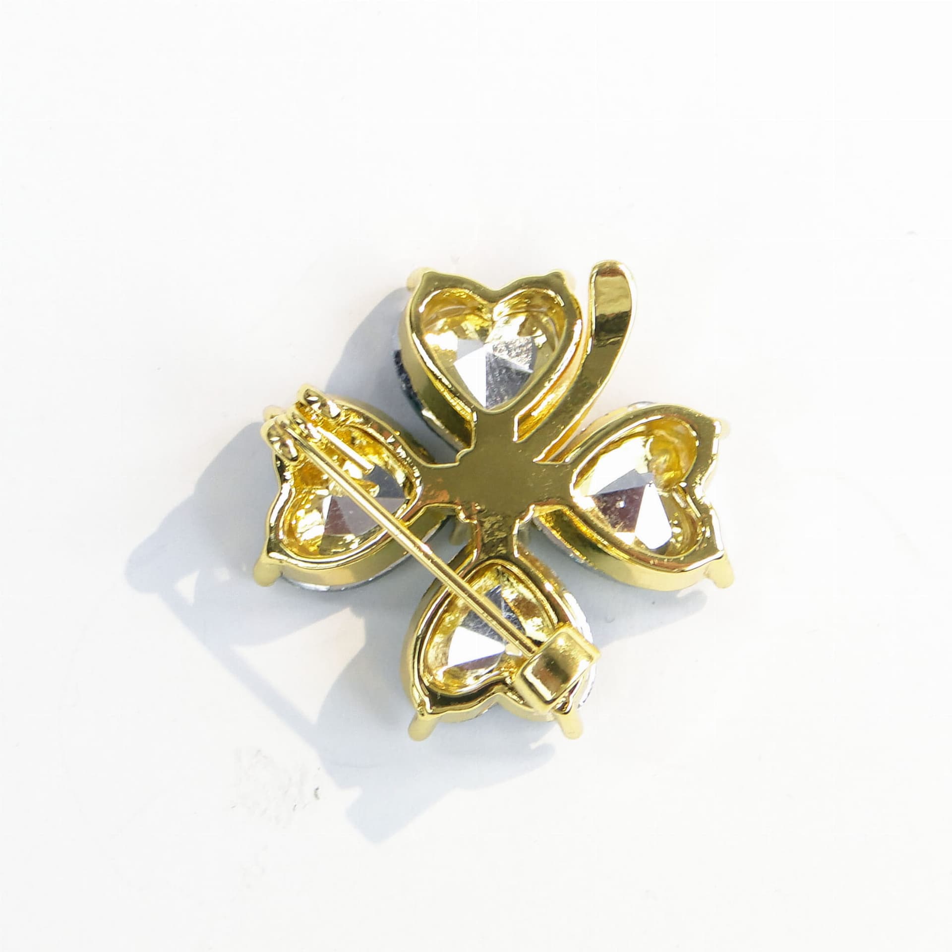 Brooch clover, green, gold-plated metal glass, Jablonex, Czech Republic, 1990s - 394421