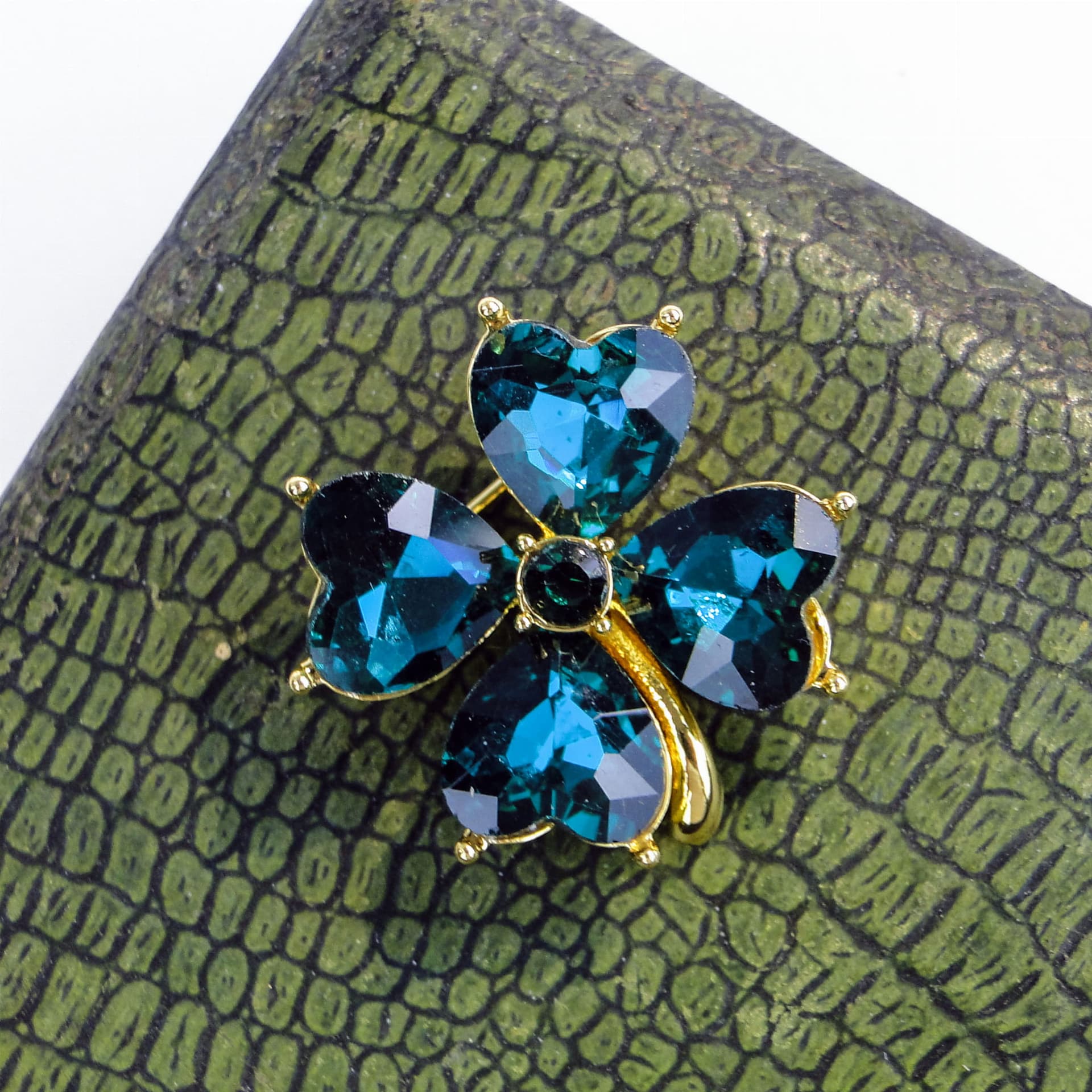 Brooch clover, green, gold-plated metal glass, Jablonex, Czech Republic, 1990s - 394419