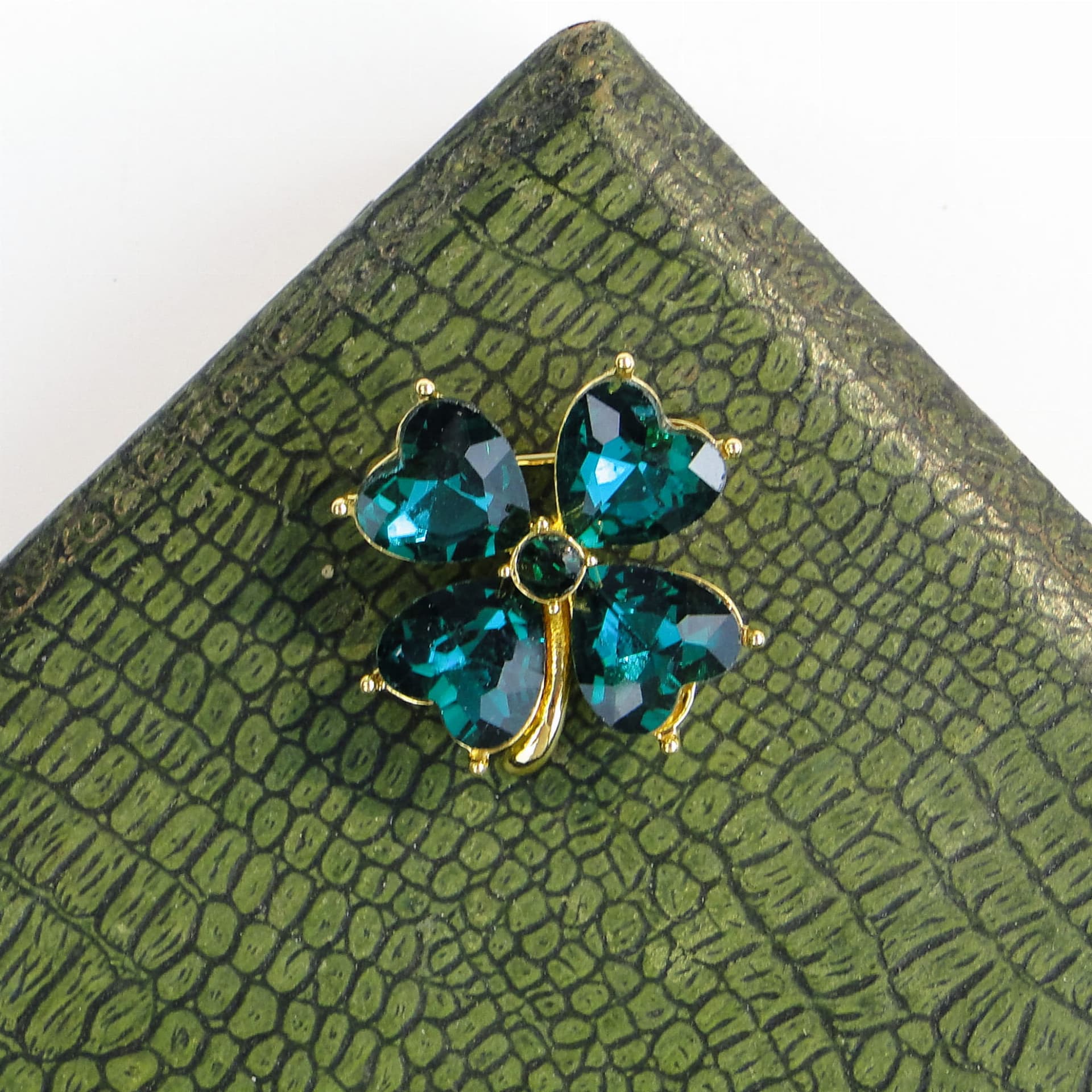 Brooch clover, green, gold-plated metal glass, Jablonex, Czech Republic, 1990s - 394418