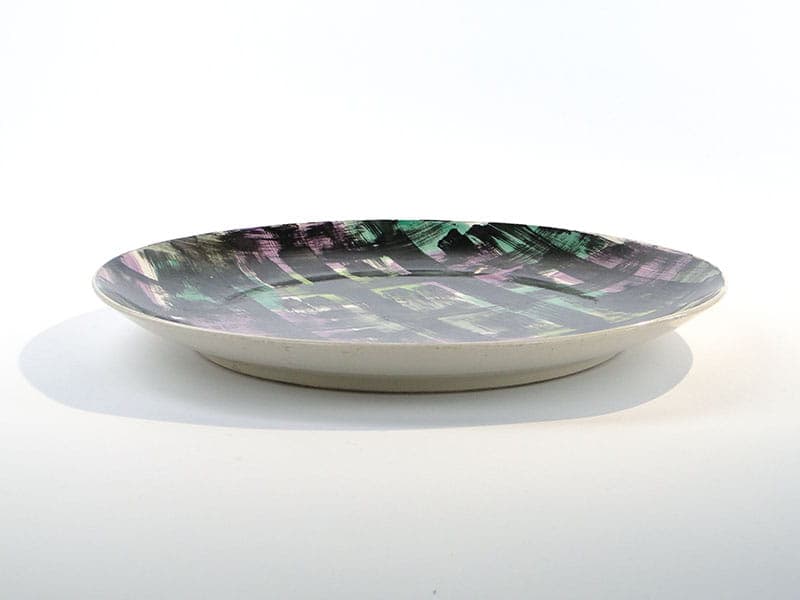 Decorative plate, black green purple, porcelainite, Pruszków, 1960s. - 394434