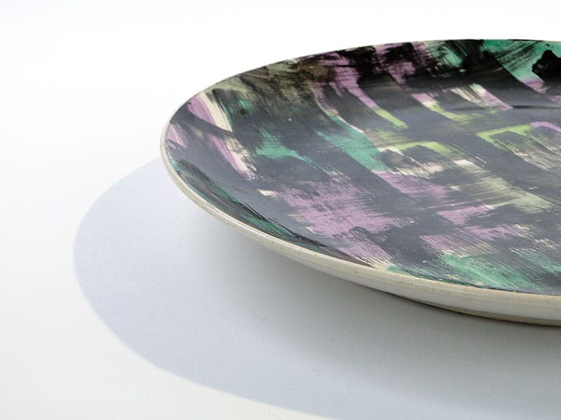 Decorative plate, black green purple, porcelainite, Pruszków, 1960s. - 394435