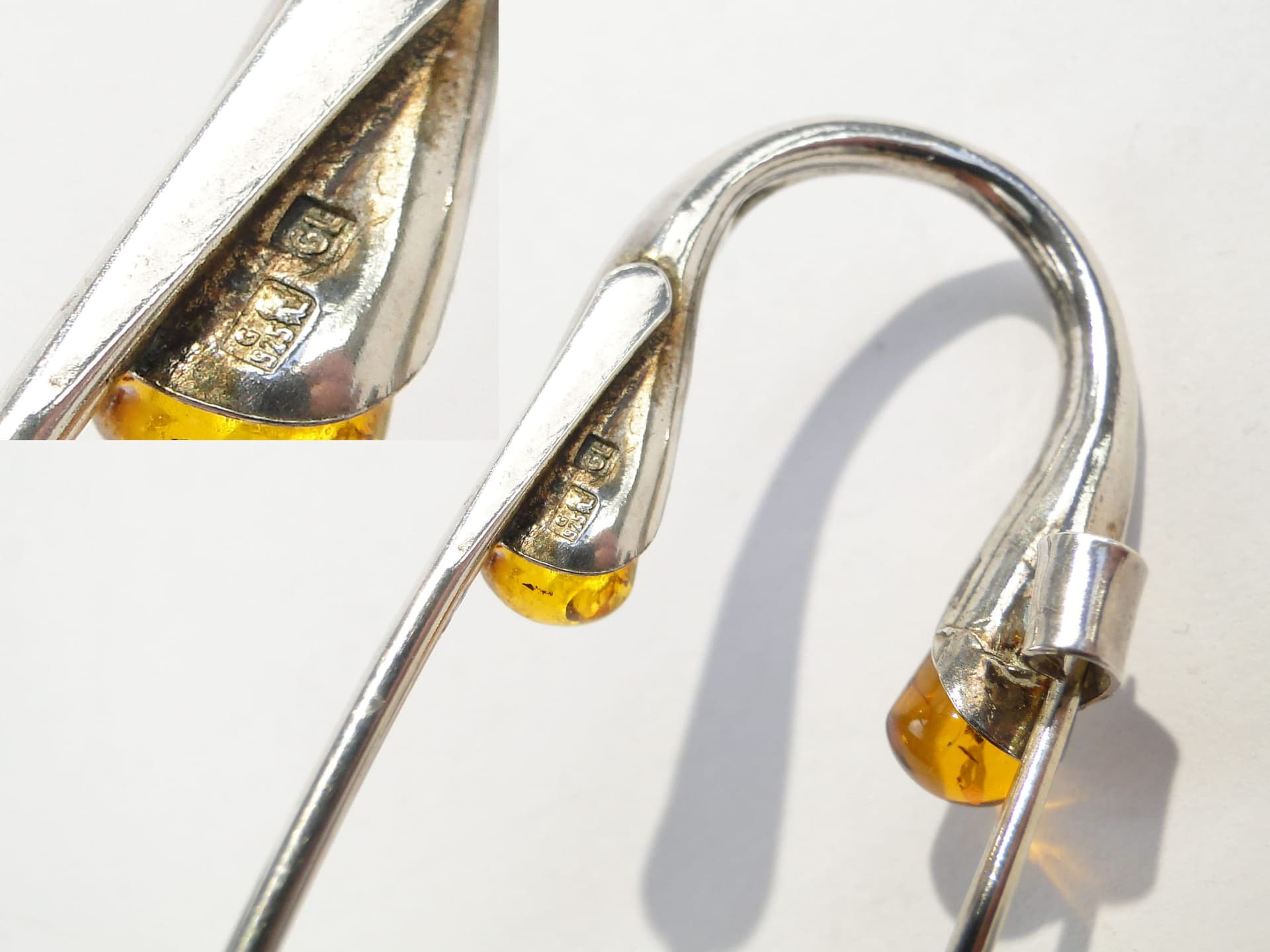 Safety pin, silver silver, yellow amber, Poland, 1970s. - 394483