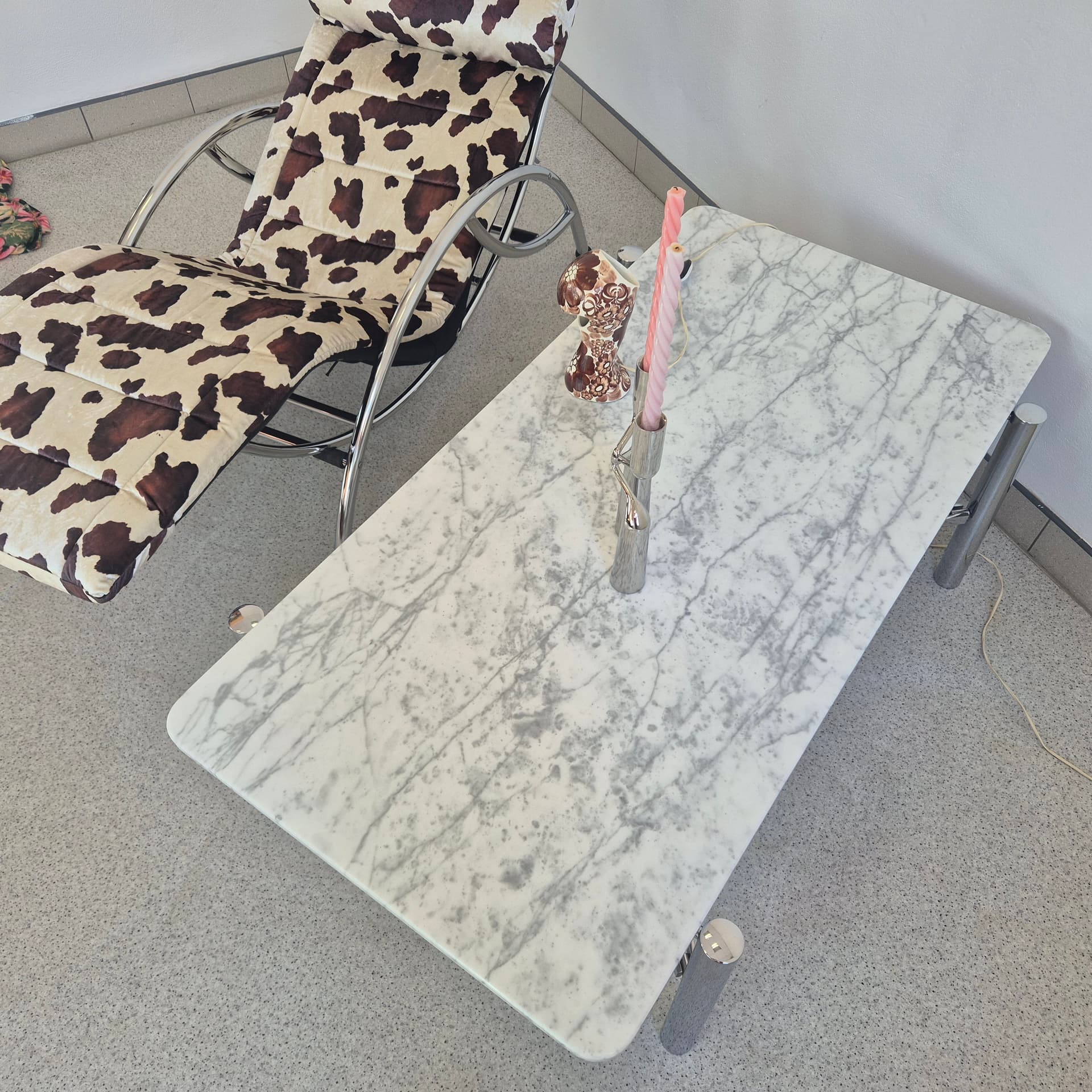 Ława Bianco Carrara, marmur biały, stal chromowana srebrna, Włochy, lata 70. - 394627