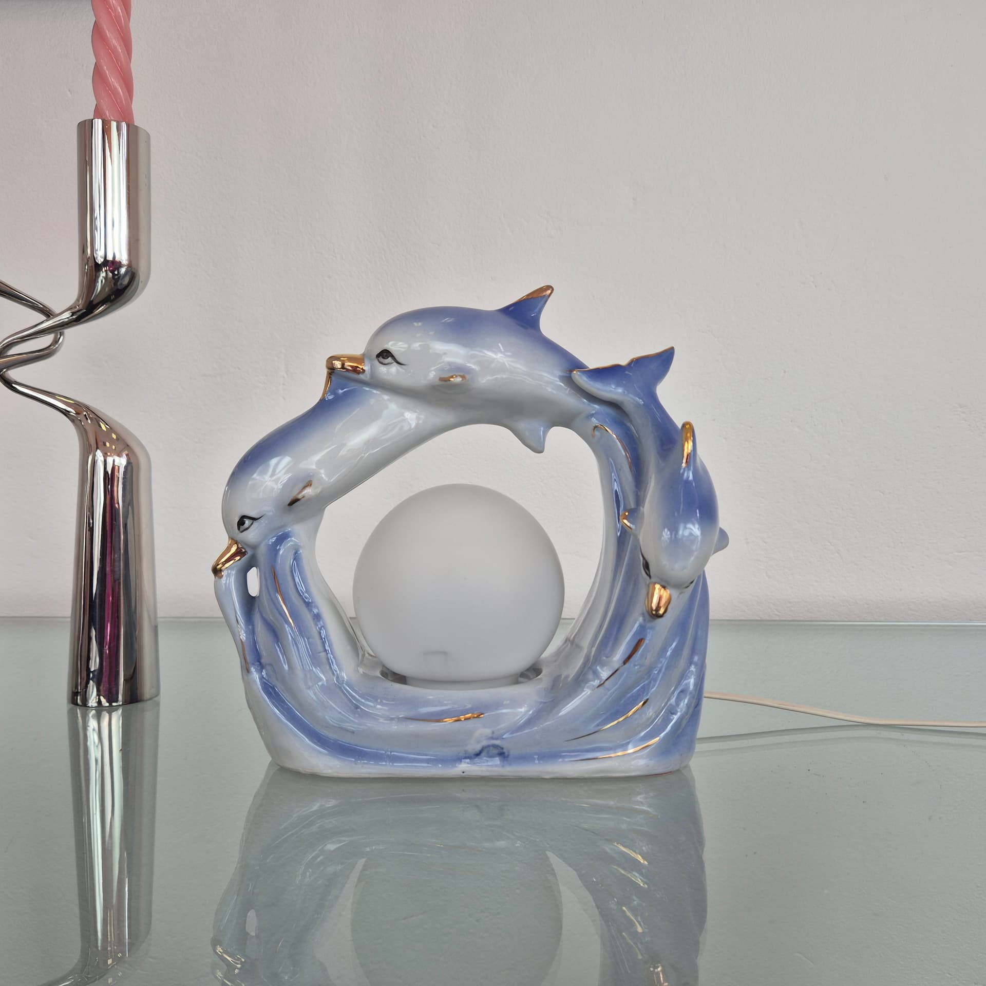 Table lamp Dolphins, blue ceramic, white glass, 1990s. - 394675