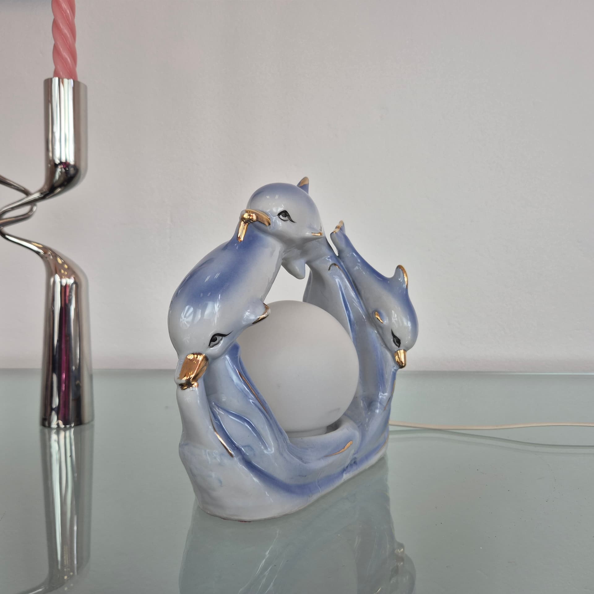Table lamp Dolphins, blue ceramic, white glass, 1990s. - 394669