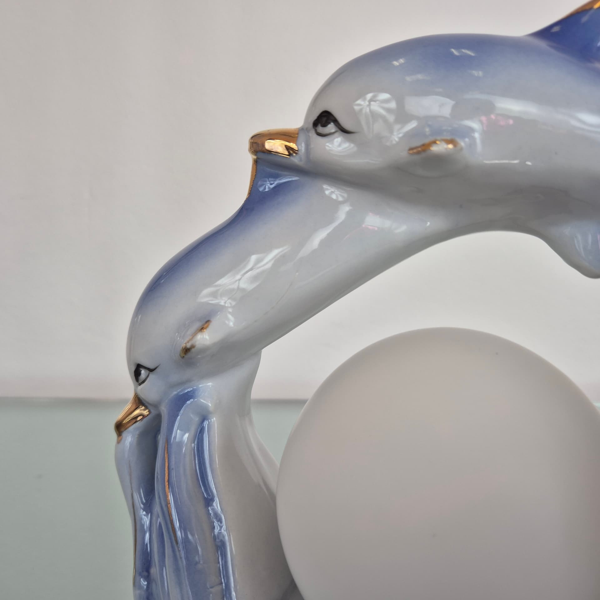 Table lamp Dolphins, blue ceramic, white glass, 1990s. - 394670