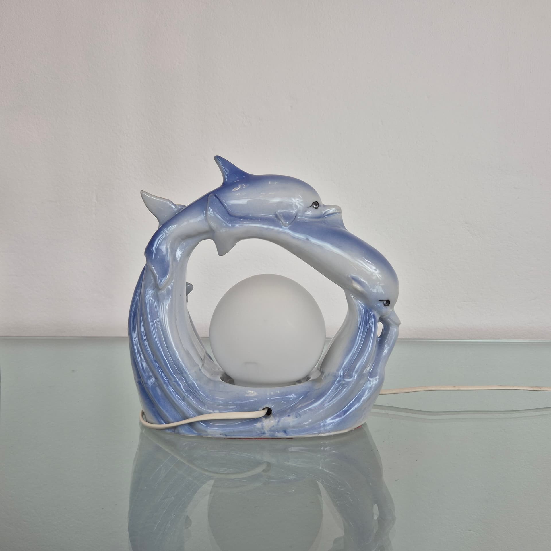 Table lamp Dolphins, blue ceramic, white glass, 1990s. - 394671