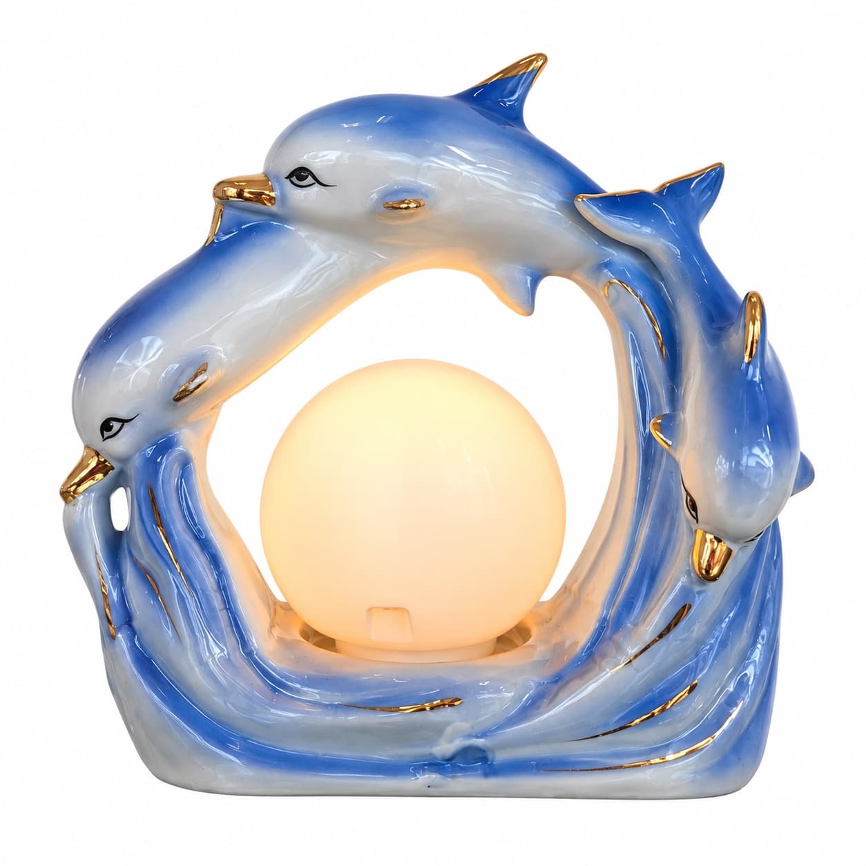 Table lamp Dolphins, blue ceramic, white glass, 1990s. - 394664