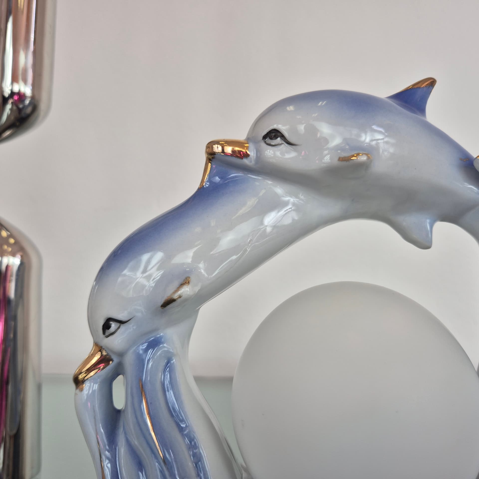 Table lamp Dolphins, blue ceramic, white glass, 1990s. - 394668