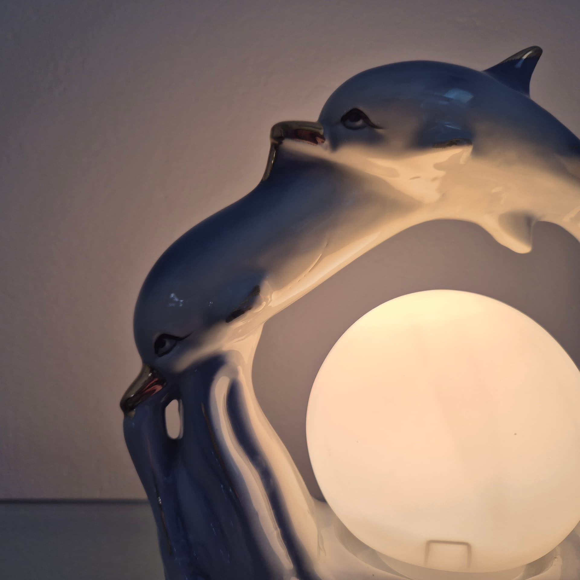Table lamp Dolphins, blue ceramic, white glass, 1990s. - 394672