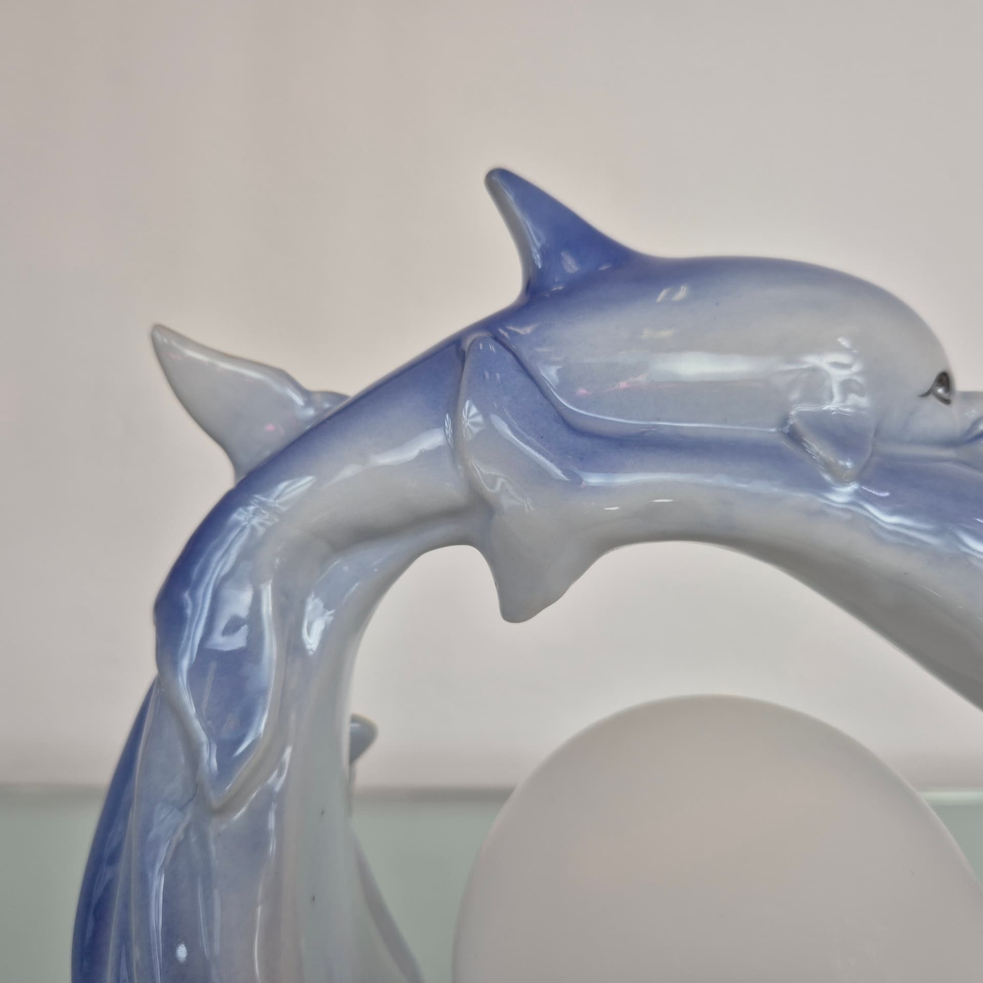 Table lamp Dolphins, blue ceramic, white glass, 1990s. - 394665