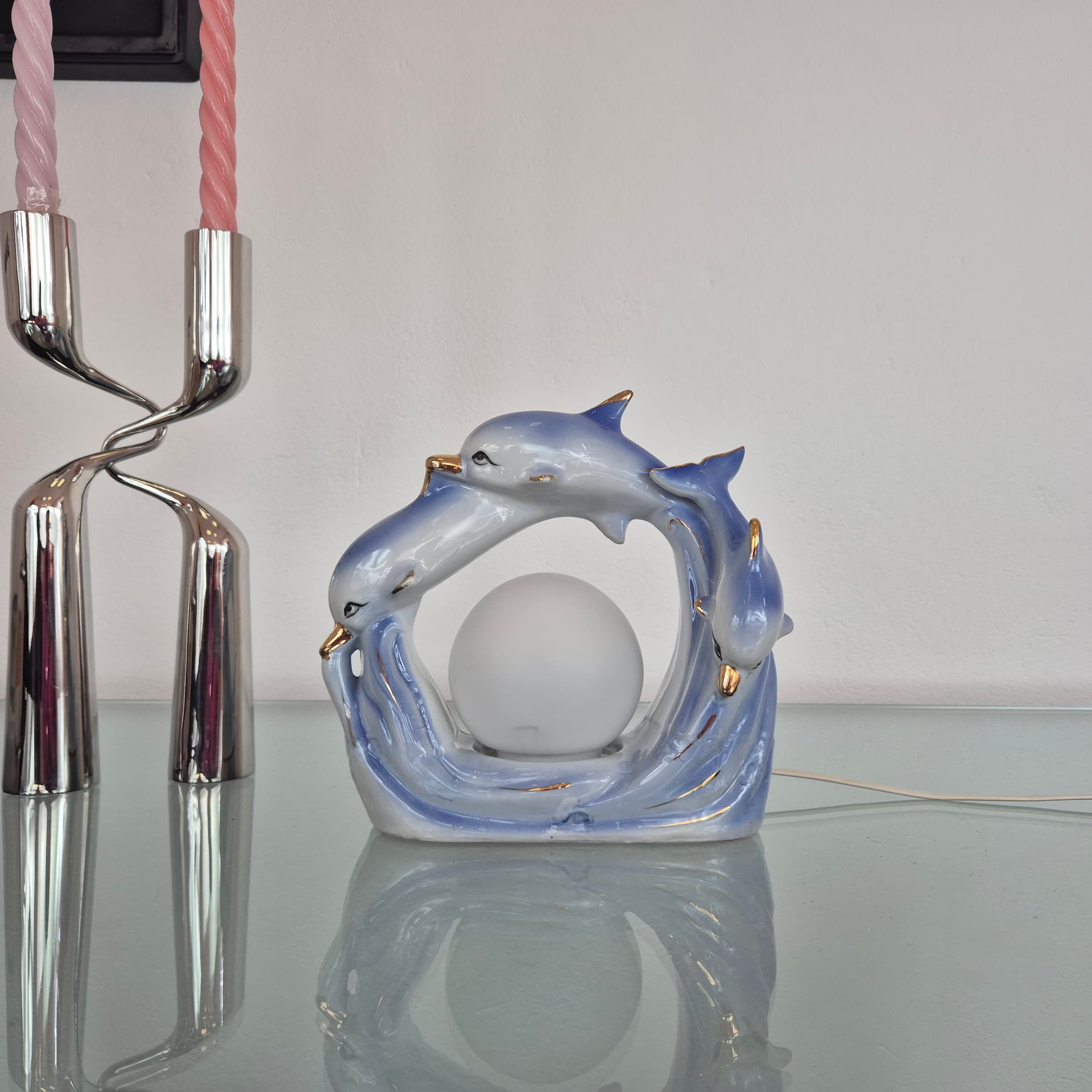 Table lamp Dolphins, blue ceramic, white glass, 1990s. - 394667