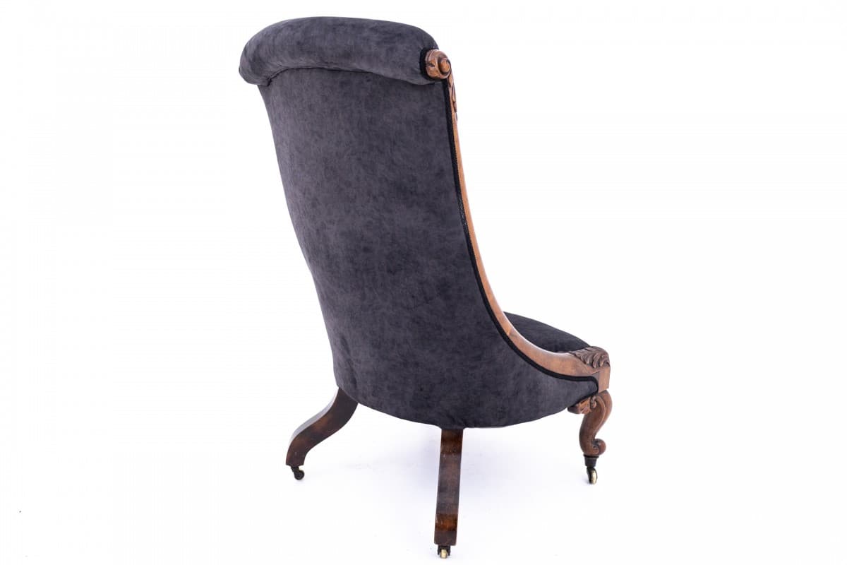 Fotel, palisander brązowy, velvet szary, Dania, XIX w. - 395099
