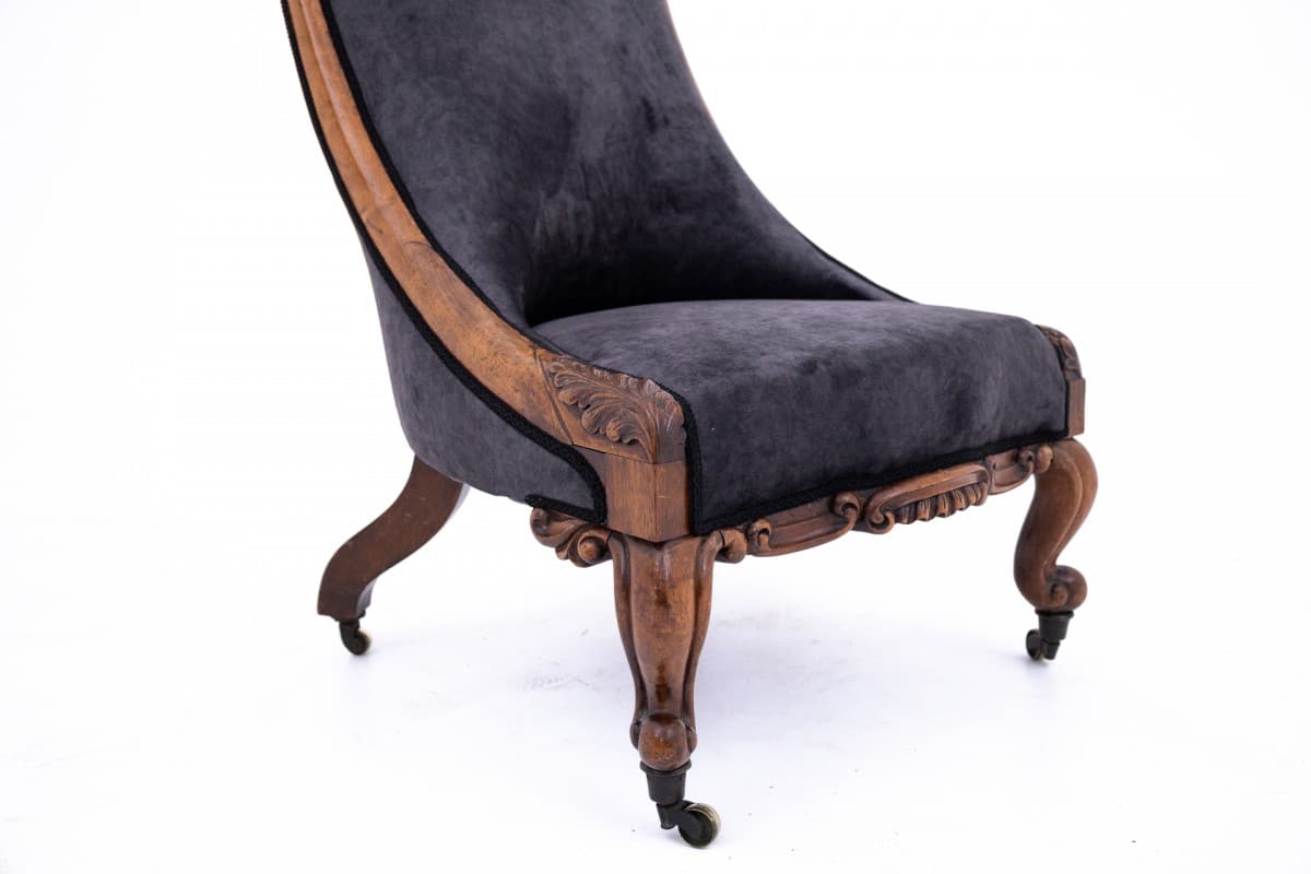 Fotel, palisander brązowy, velvet szary, Dania, XIX w. - 395090