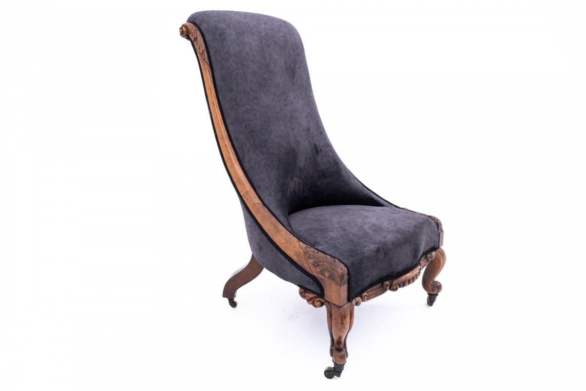 Fotel, palisander brązowy, velvet szary, Dania, XIX w. - 395095
