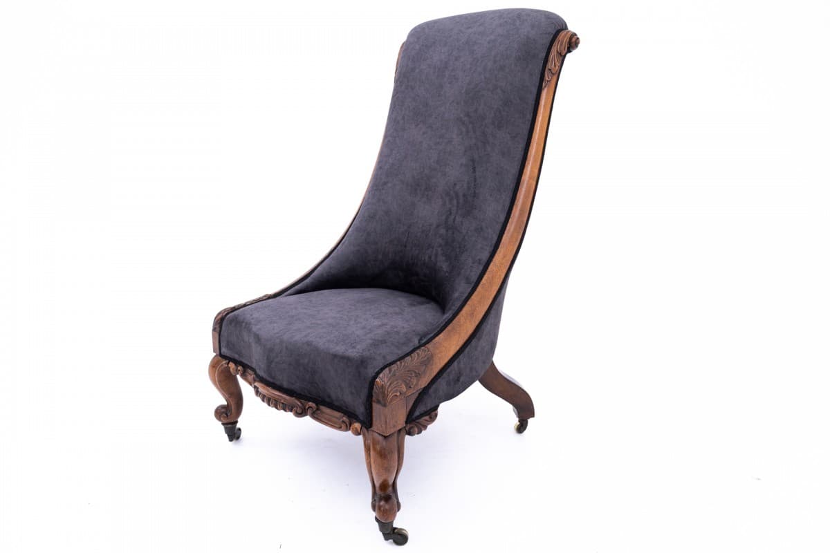 Fotel, palisander brązowy, velvet szary, Dania, XIX w. - 395094