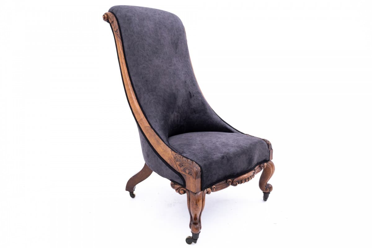 Fotel, palisander brązowy, velvet szary, Dania, XIX w. - 395098