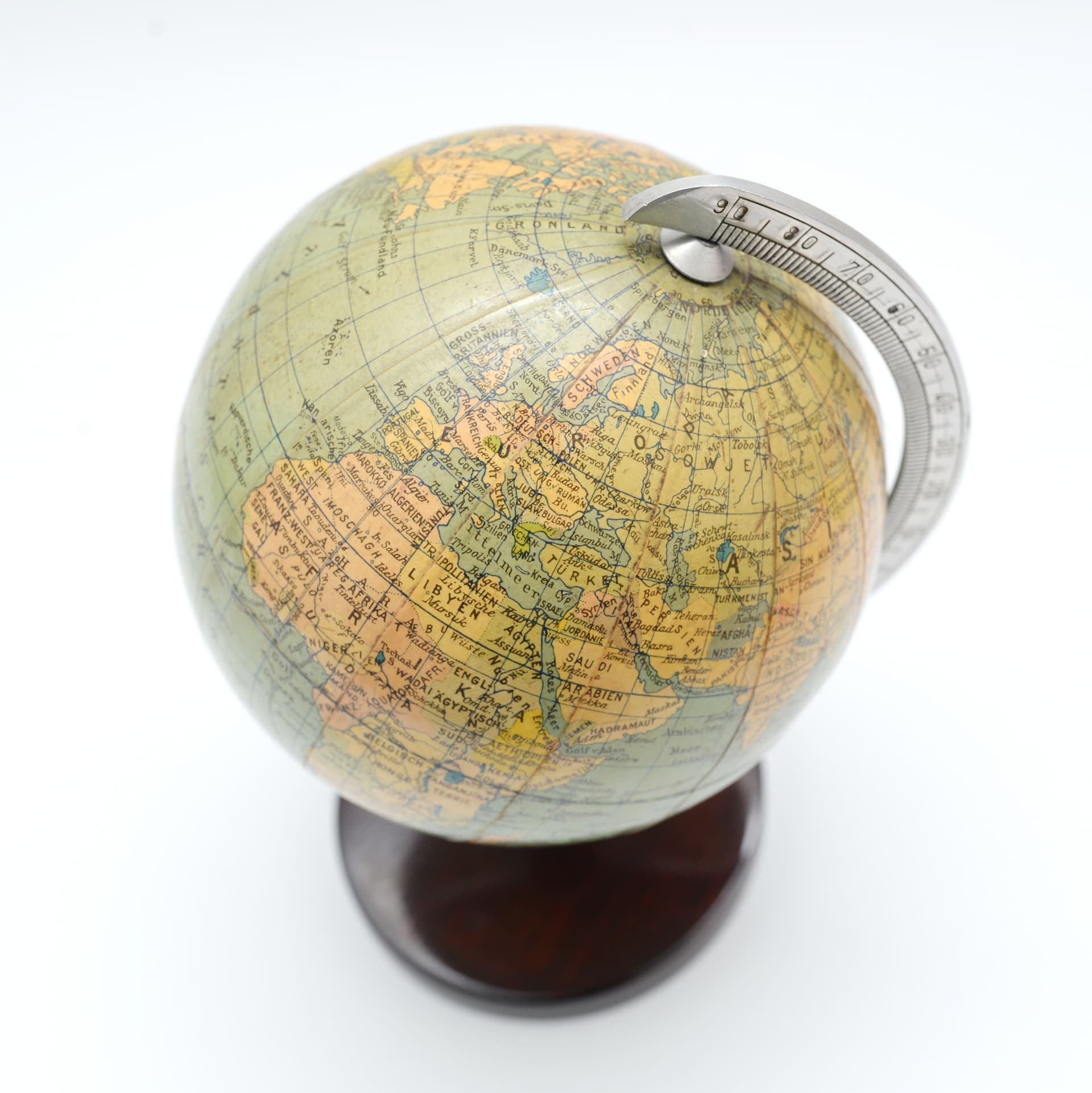 Globe Columbus, beige paper, brown wood, silver metal, Germany, 1930s. - 395136