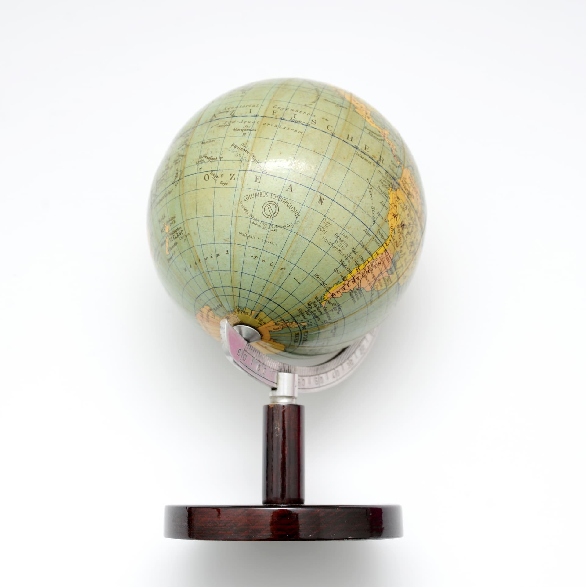 Globe Columbus, beige paper, brown wood, silver metal, Germany, 1930s. - 395135