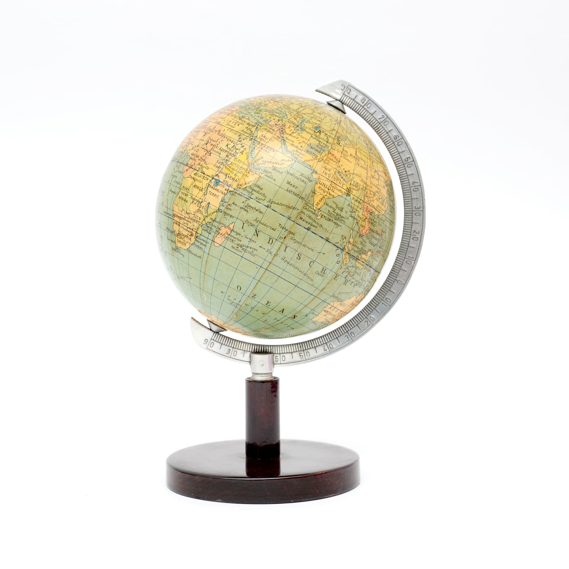 Globe Columbus, beige paper, brown wood, silver metal, Germany, 1930s. - 395134