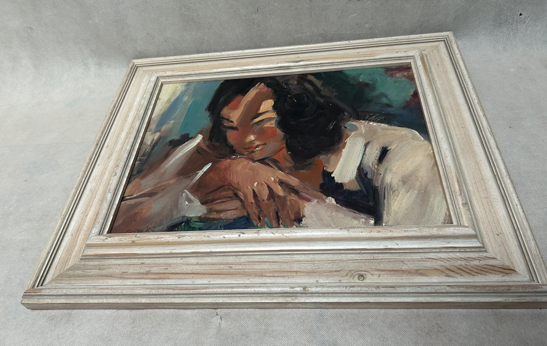 Obraz Portret kobiety, olej na płótnie, rama drewno bielony, Adolf Presber, lata 60. - 395339