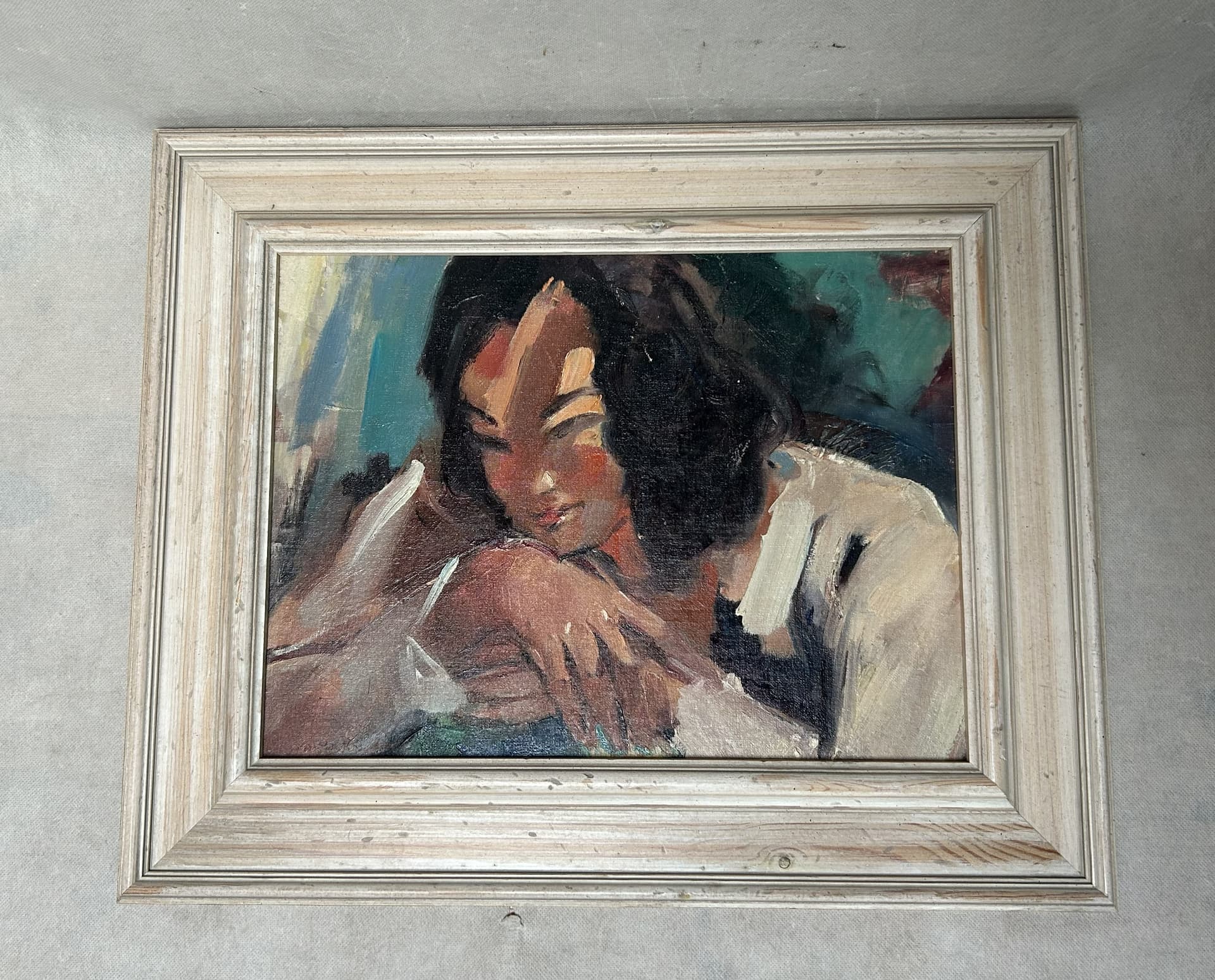 Obraz Portret kobiety, olej na płótnie, rama drewno bielony, Adolf Presber, lata 60. - 395338