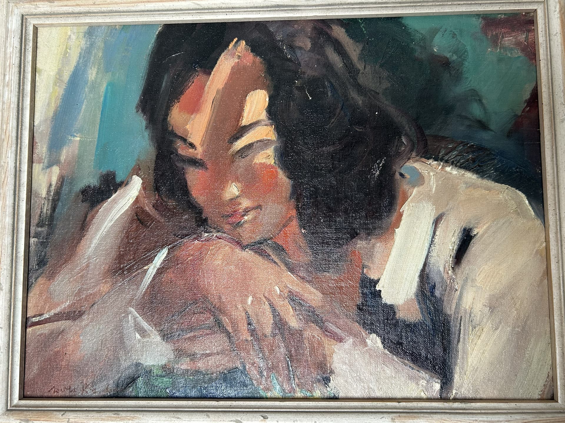 Obraz Portret kobiety, olej na płótnie, rama drewno bielony, Adolf Presber, lata 60. - 395342