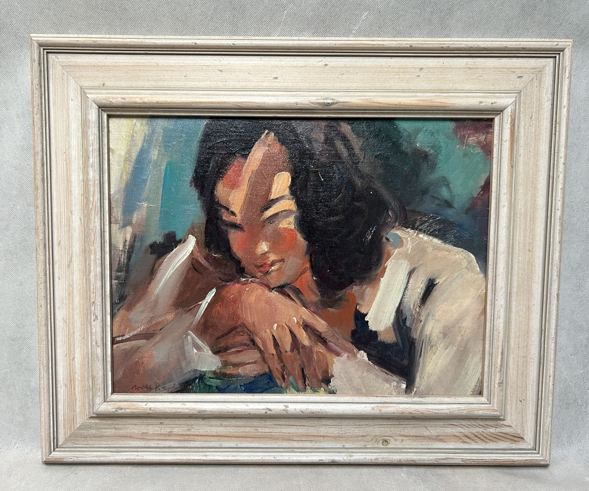 Obraz Portret kobiety, olej na płótnie, rama drewno bielony, Adolf Presber, lata 60. - 395340