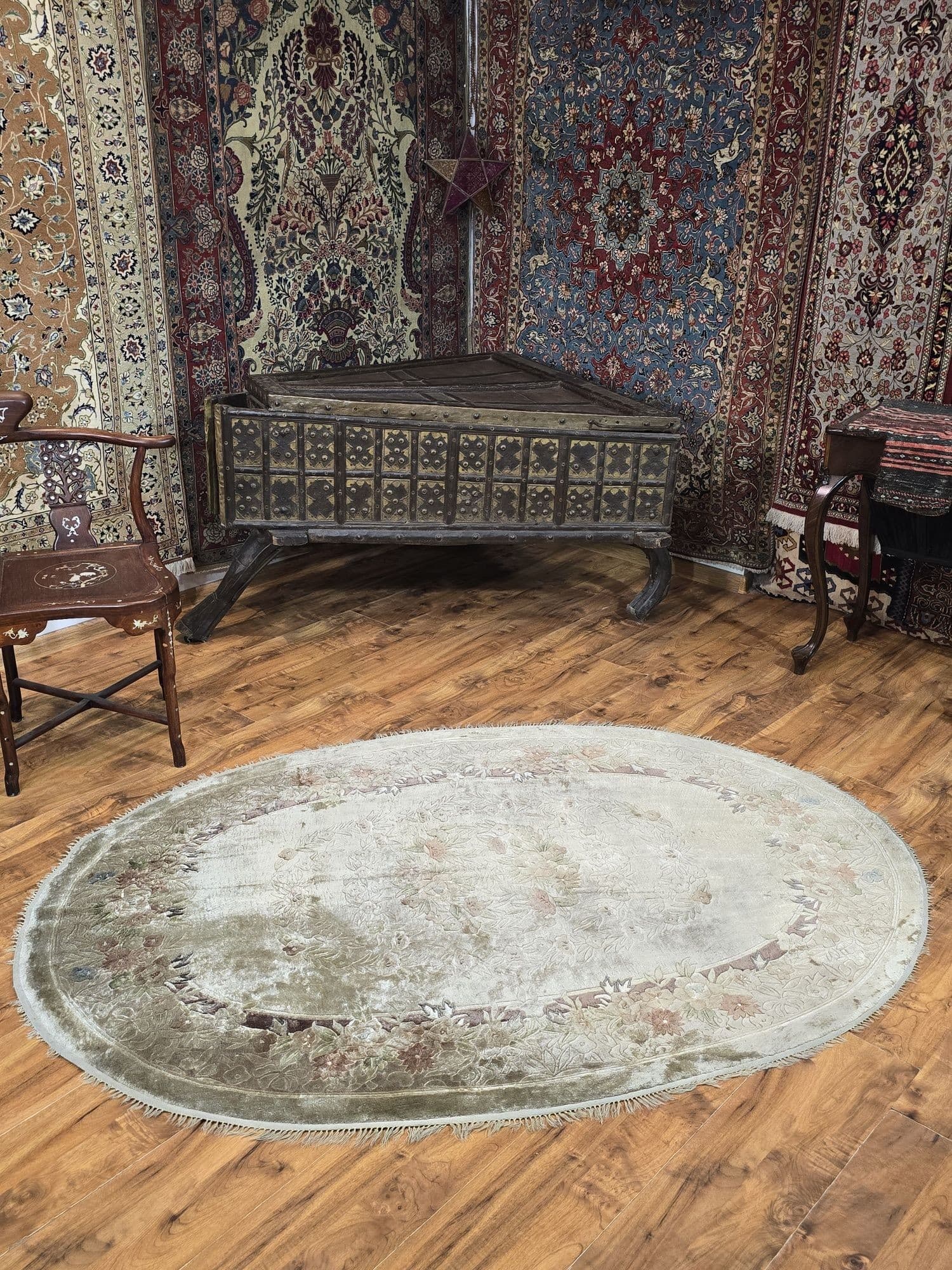 Dywan Tianjin, 125x185 cm, jedwab zielony, bawełna, Chiny, lata 70. - 395420