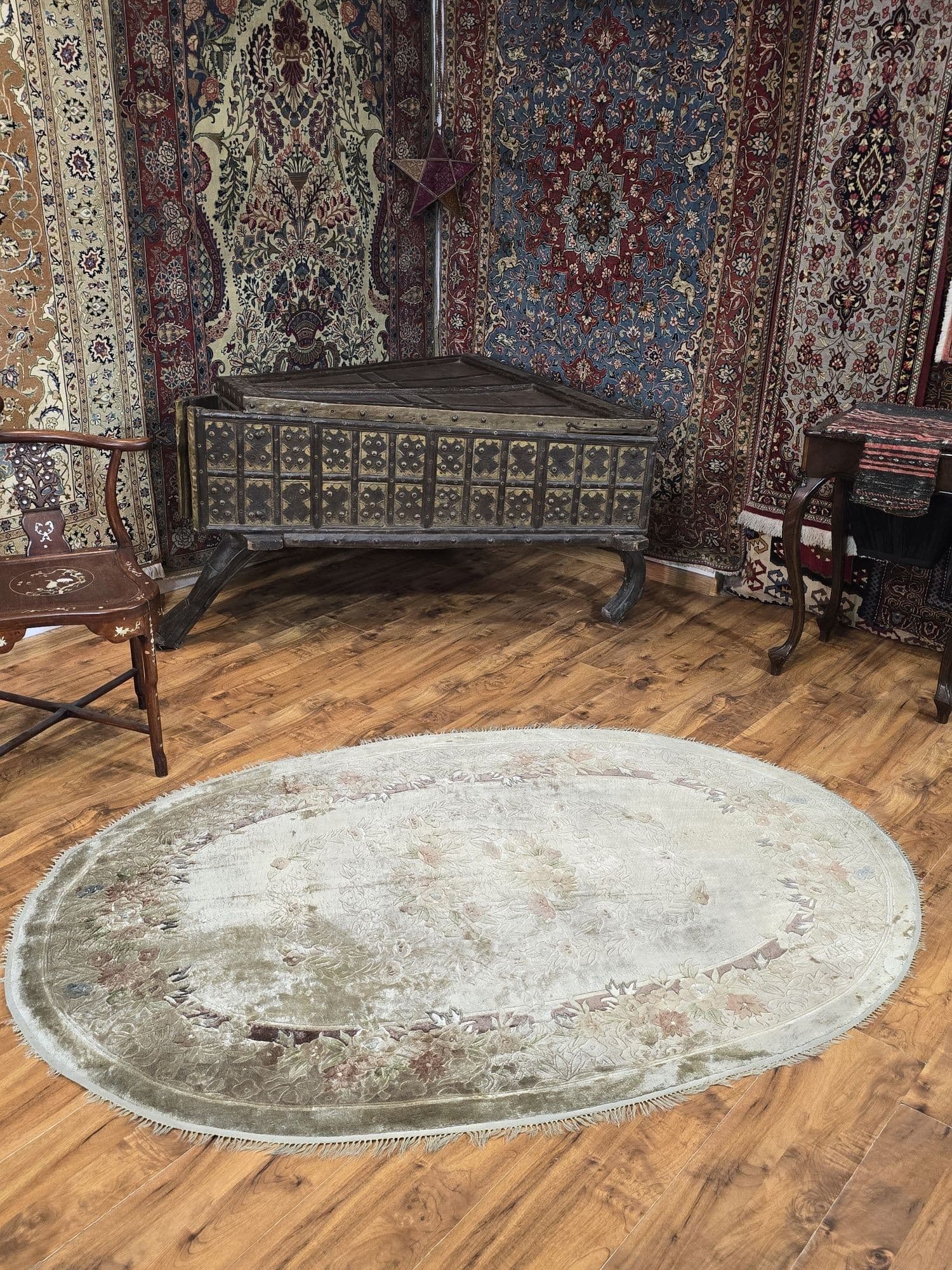 Dywan Tianjin, 125x185 cm, jedwab zielony, bawełna, Chiny, lata 70. - 395419