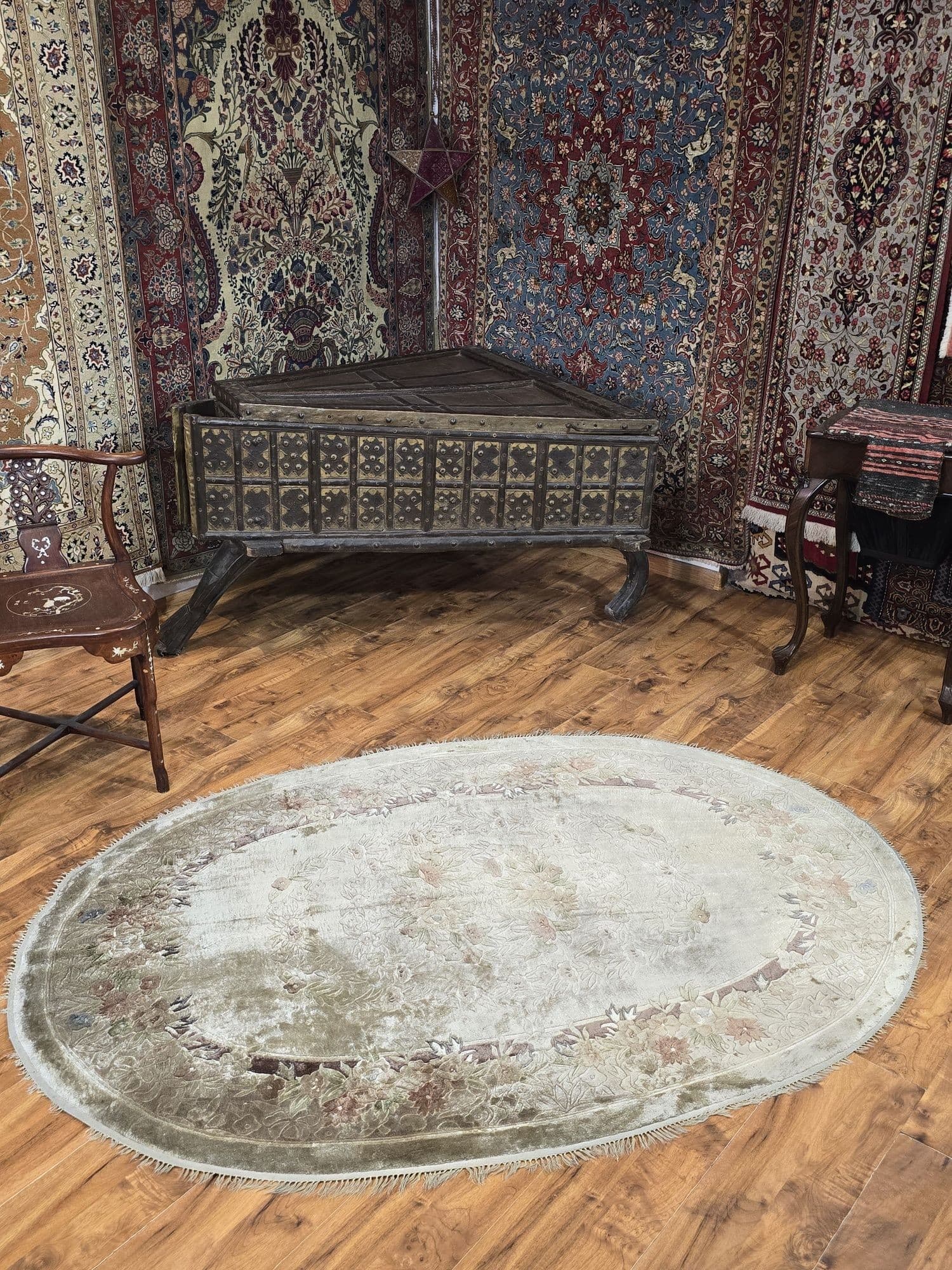 Dywan Tianjin, 125x185 cm, jedwab zielony, bawełna, Chiny, lata 70. - 395416