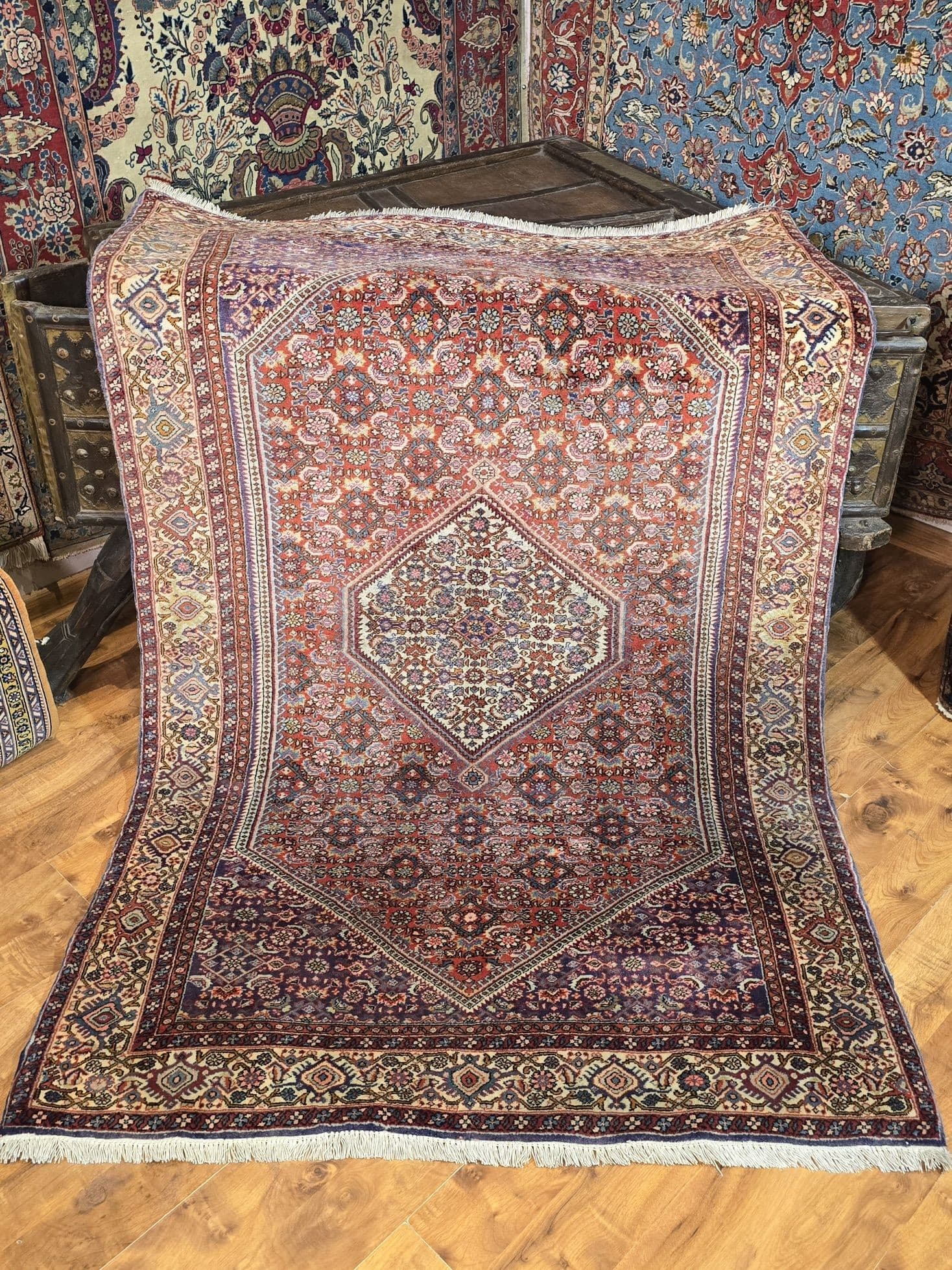 Dywan Bidjar Kurdyjski Patina, 110x170 cm, czerwony niebieski biały różowy zielony złoty, wełna, Iran, lata 70. - 395456