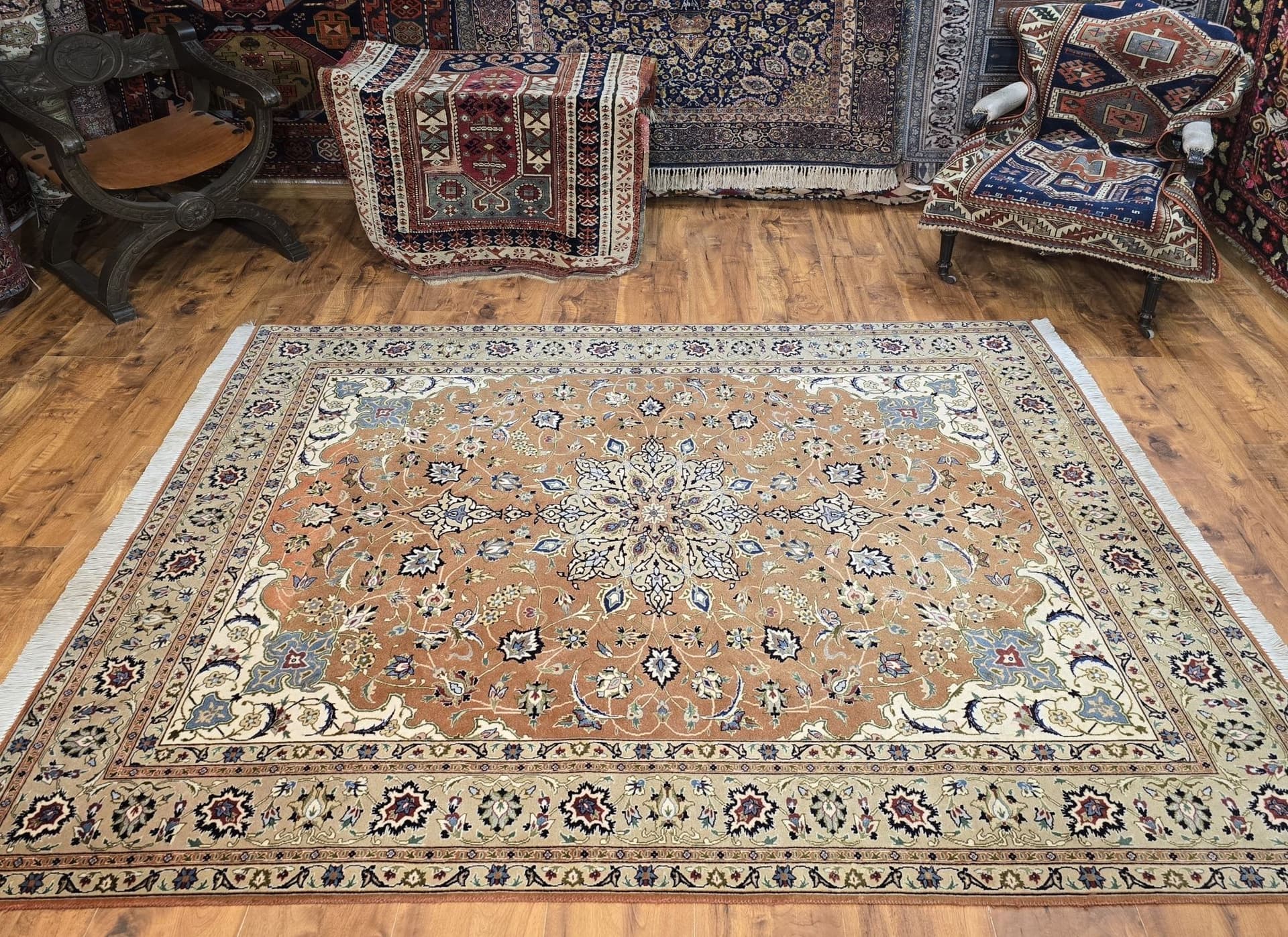 Dywan Tabriz Mahi 155x200 cm, brązowy, wełna jedwab, Iran - 395491