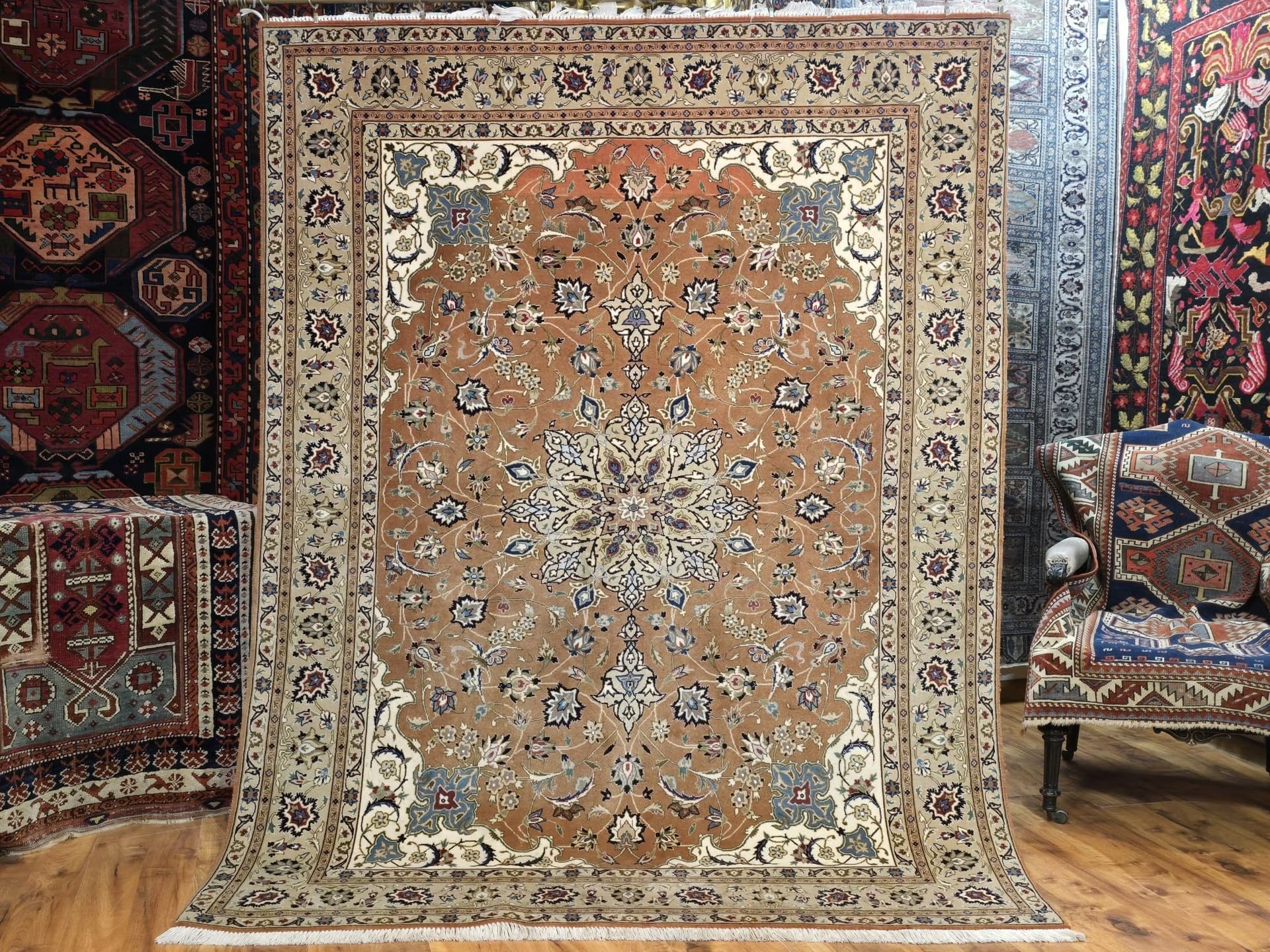 Dywan Tabriz Mahi 155x200 cm, brązowy, wełna jedwab, Iran - 395485