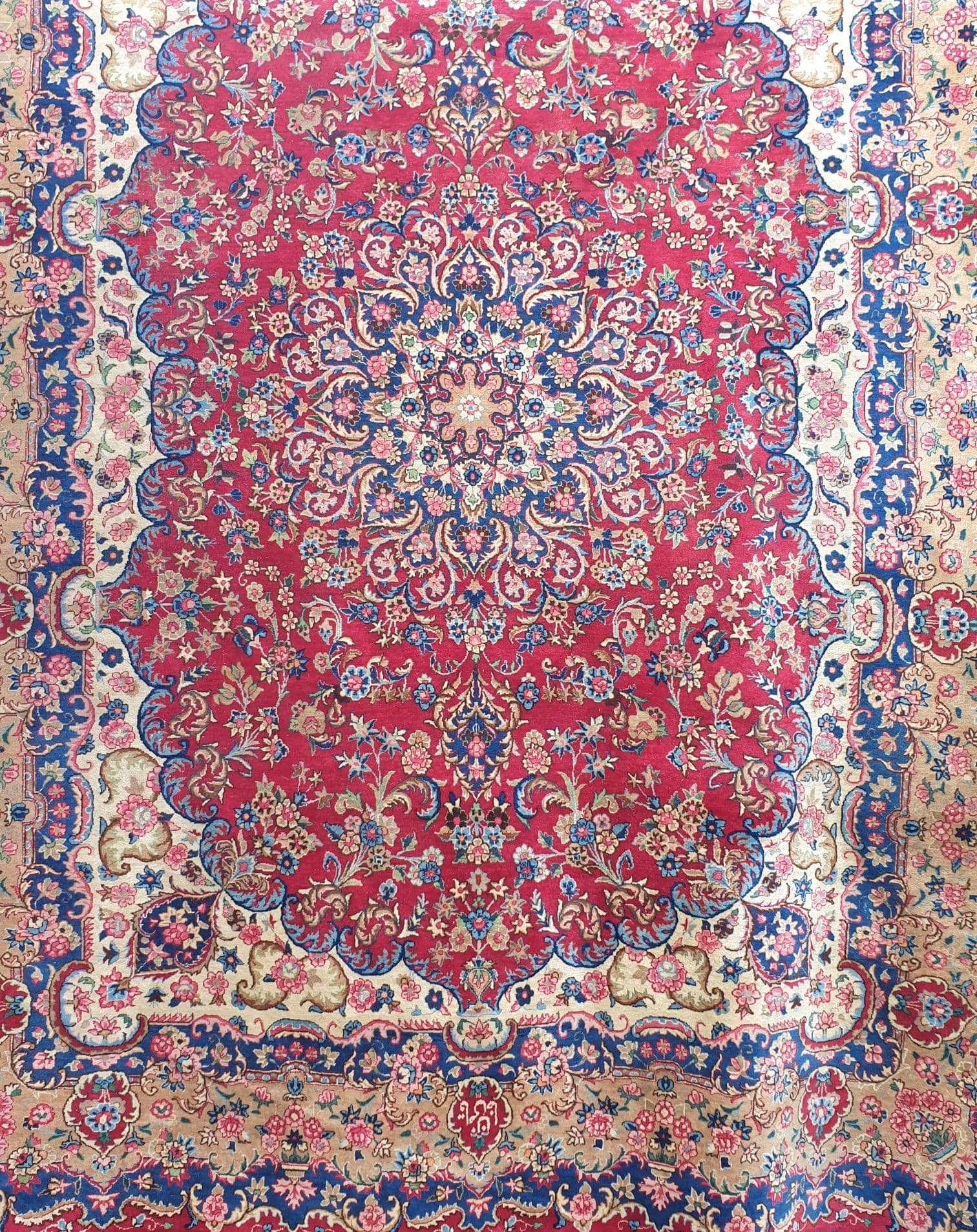 Dywan perski Kerman 288x396 cm, czerwony kremowy niebieski, wełna bawełna, Iran, lata 60. - 395498