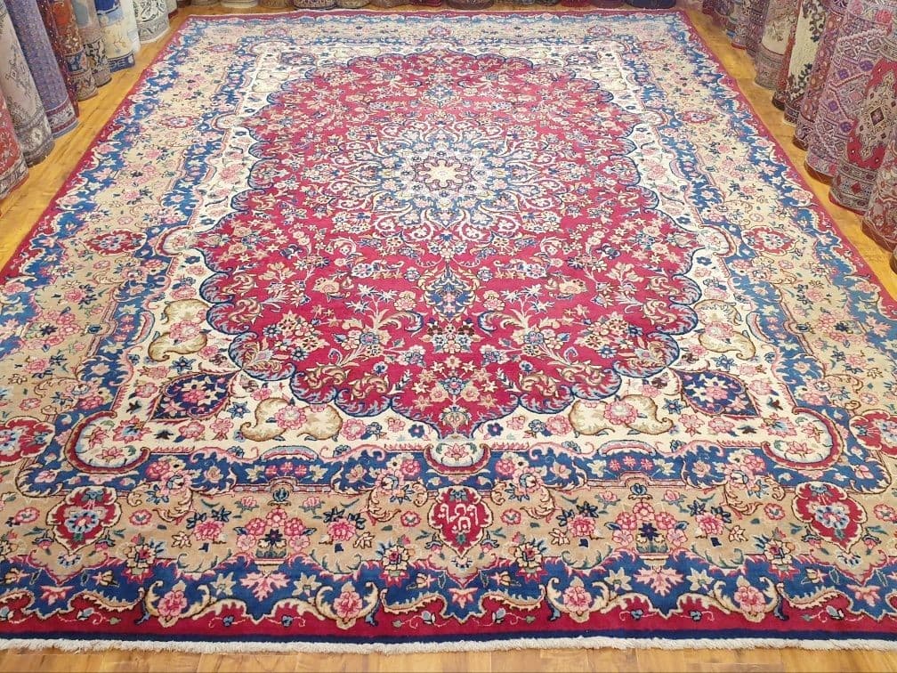 Dywan perski Kerman 288x396 cm, czerwony kremowy niebieski, wełna bawełna, Iran, lata 60. - 395501