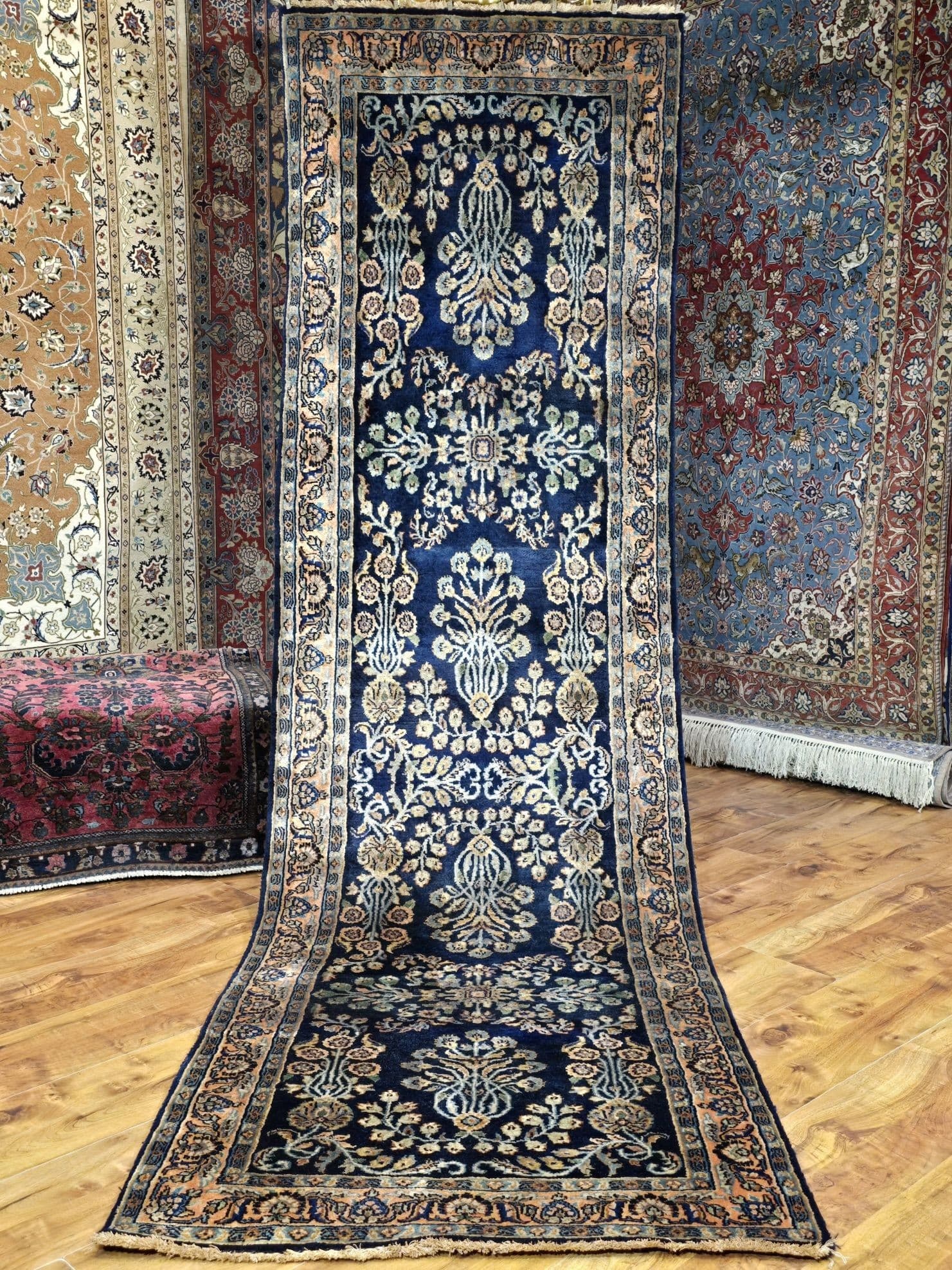 Chodnik Sarough Sultanabad 80x265 cm, niebieski, wełna, Iran, lata 30. - 395510