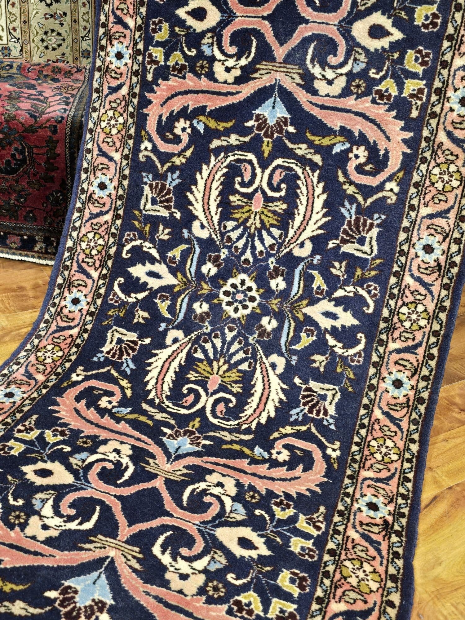 Chodnik Malayer Jozan 300x76 cm, niebieski różowy biały zielony złoty, wełna bawełna, Iran, lata 60. - 395515