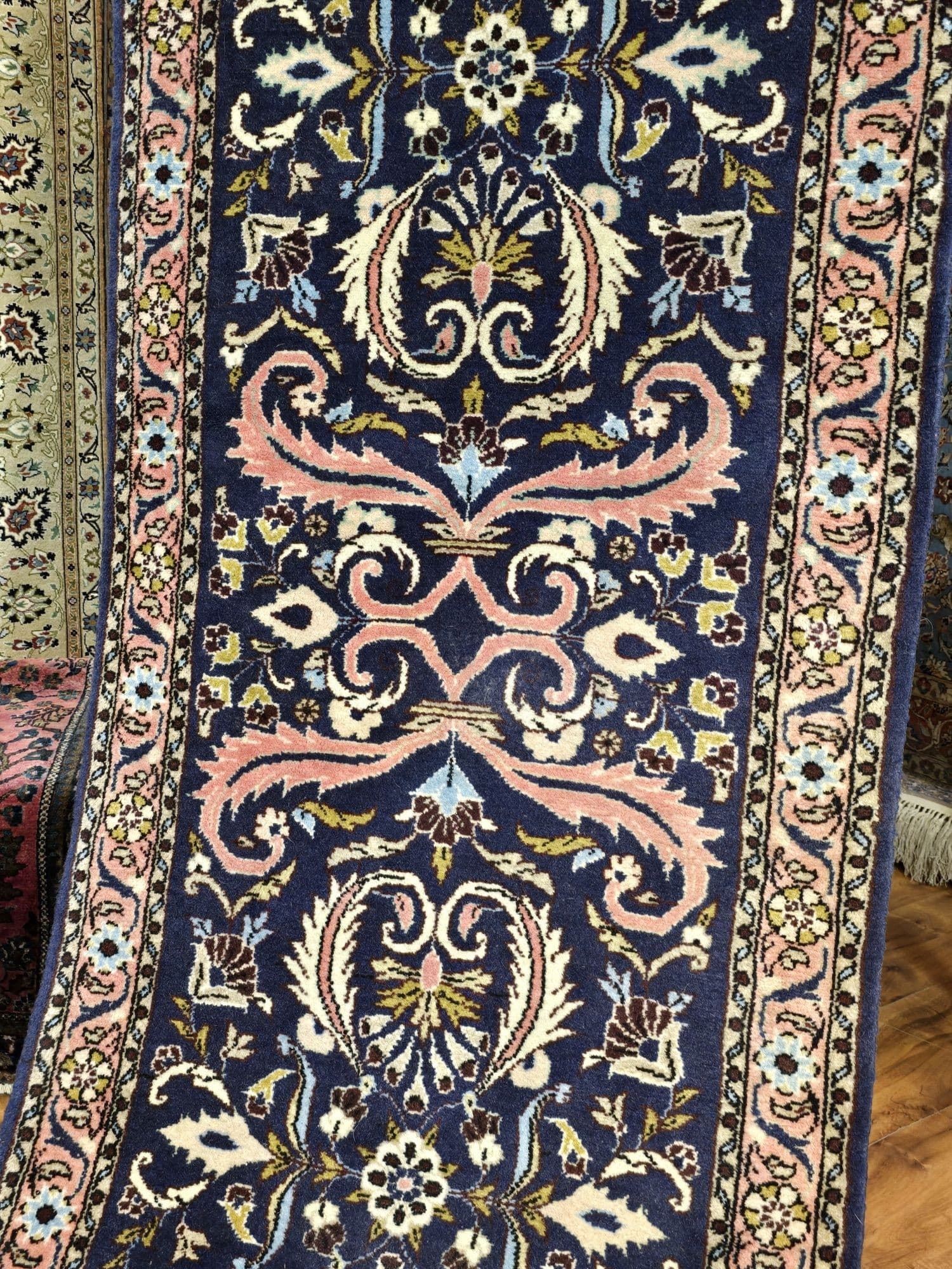 Chodnik Malayer Jozan 300x76 cm, niebieski różowy biały zielony złoty, wełna bawełna, Iran, lata 60. - 395518