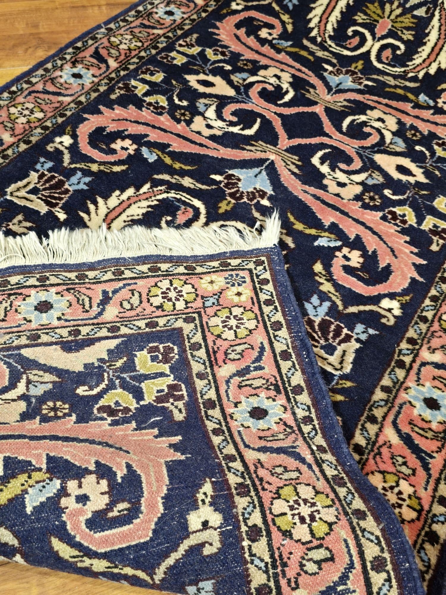 Chodnik Malayer Jozan 300x76 cm, niebieski różowy biały zielony złoty, wełna bawełna, Iran, lata 60. - 395516