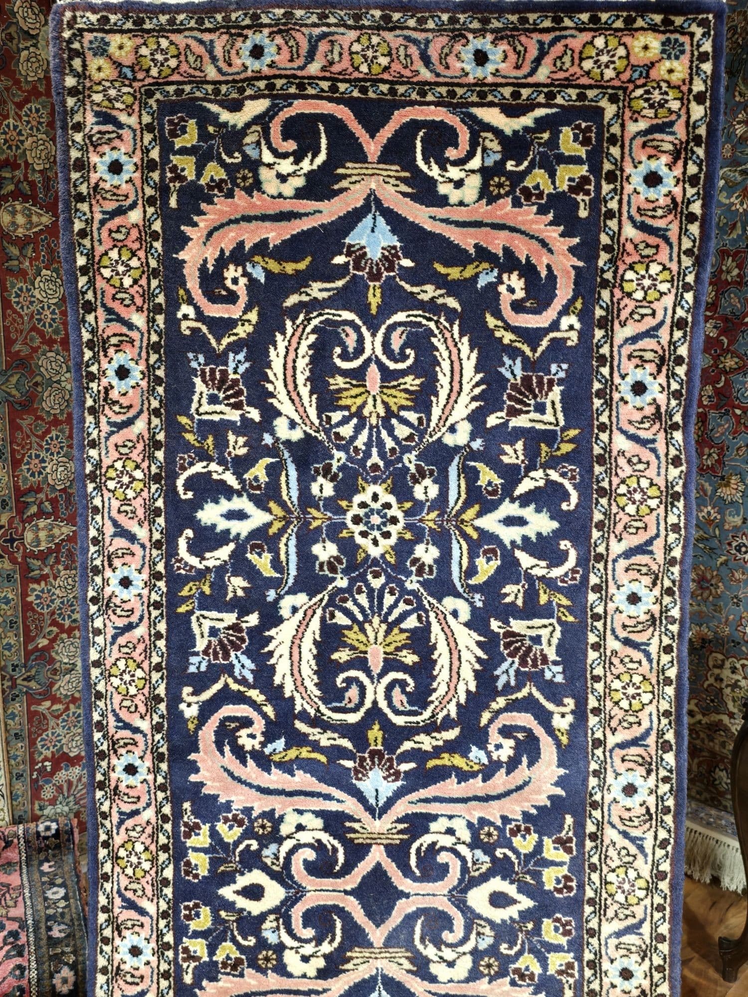 Chodnik Malayer Jozan 300x76 cm, niebieski różowy biały zielony złoty, wełna bawełna, Iran, lata 60. - 395512