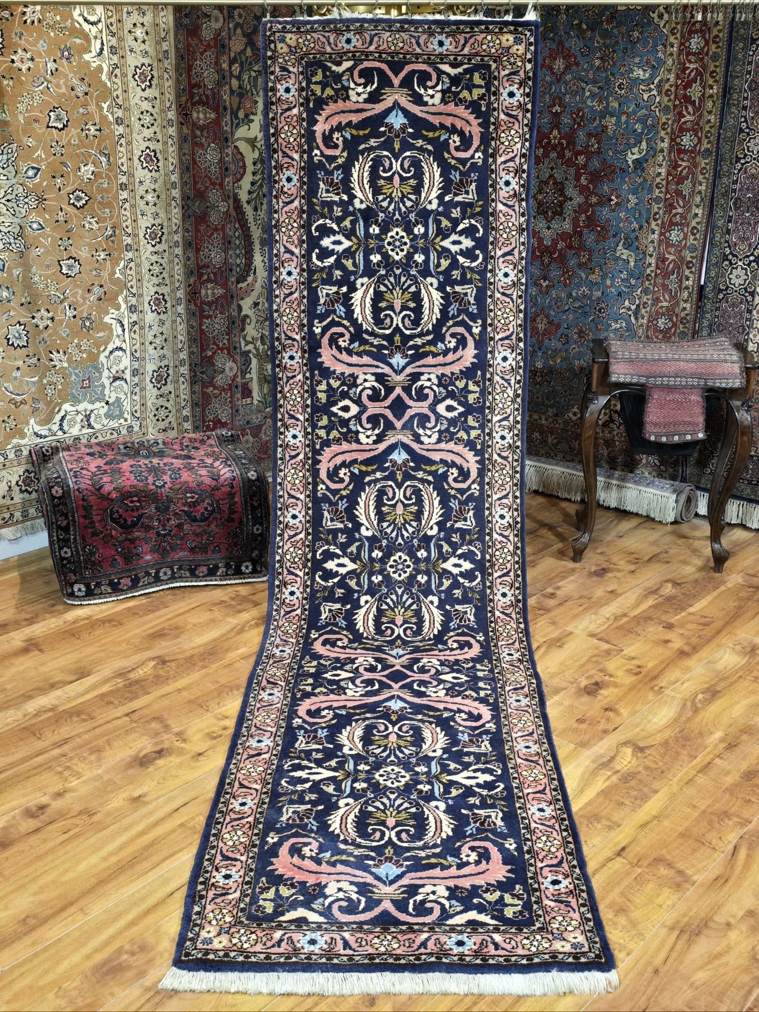Chodnik Malayer Jozan 300x76 cm, niebieski różowy biały zielony złoty, wełna bawełna, Iran, lata 60. - 395519